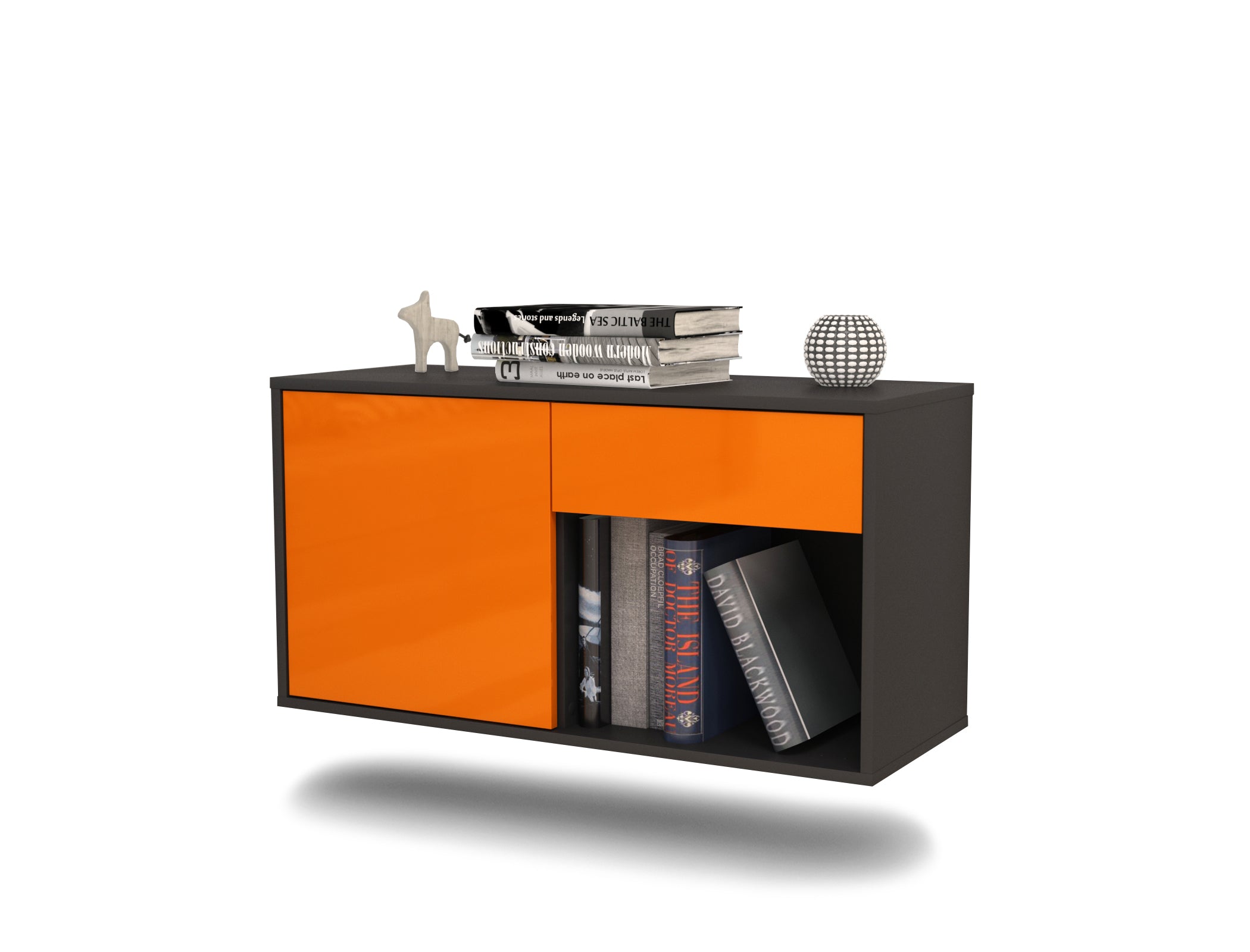Lowboard - Alberina - Design Hochglanz - Wandmontage mit Push to Open 92 cm Anthrazit