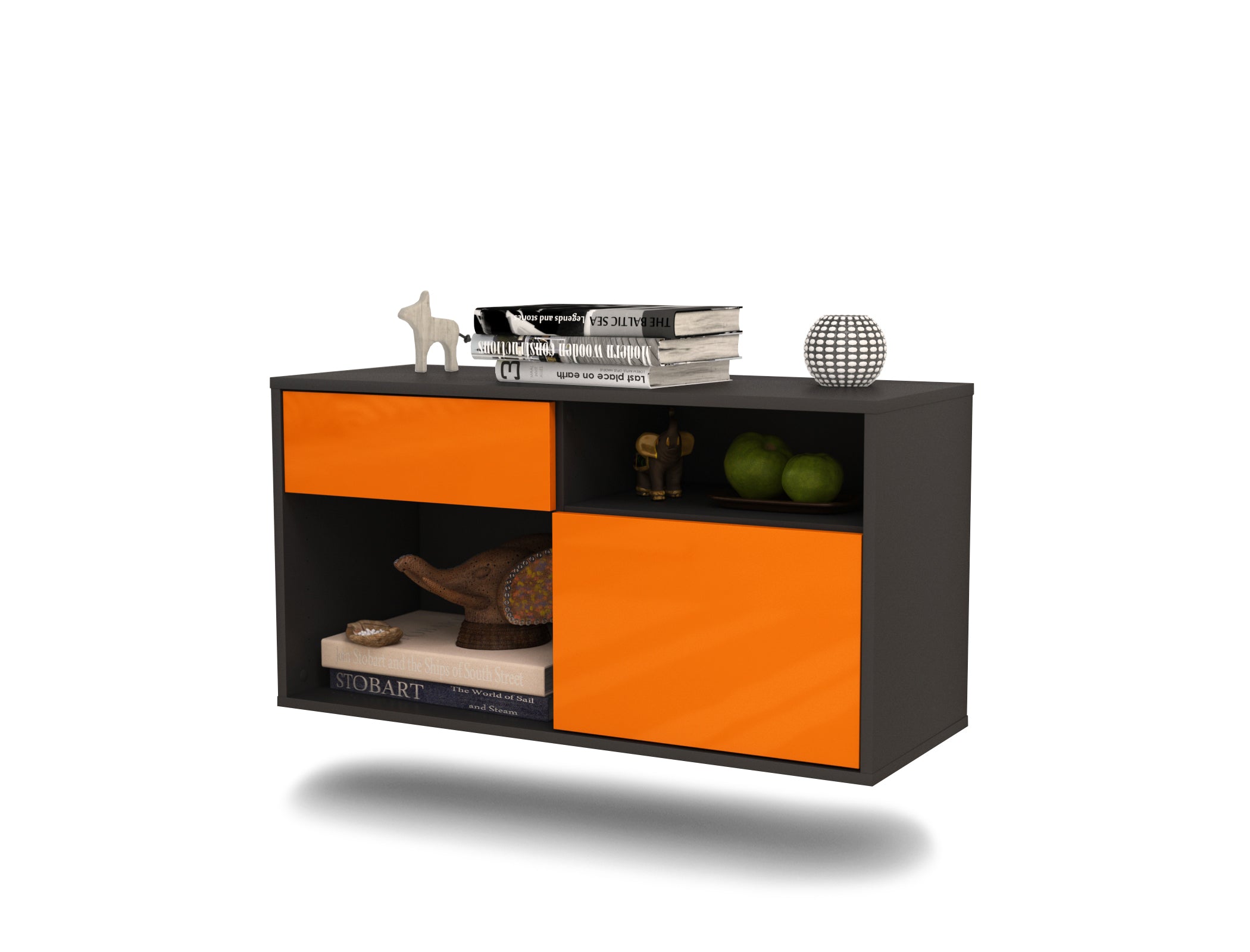 Lowboard - Albina - Design Hochglanz - Wandmontage mit Push to Open 92 cm Anthrazit