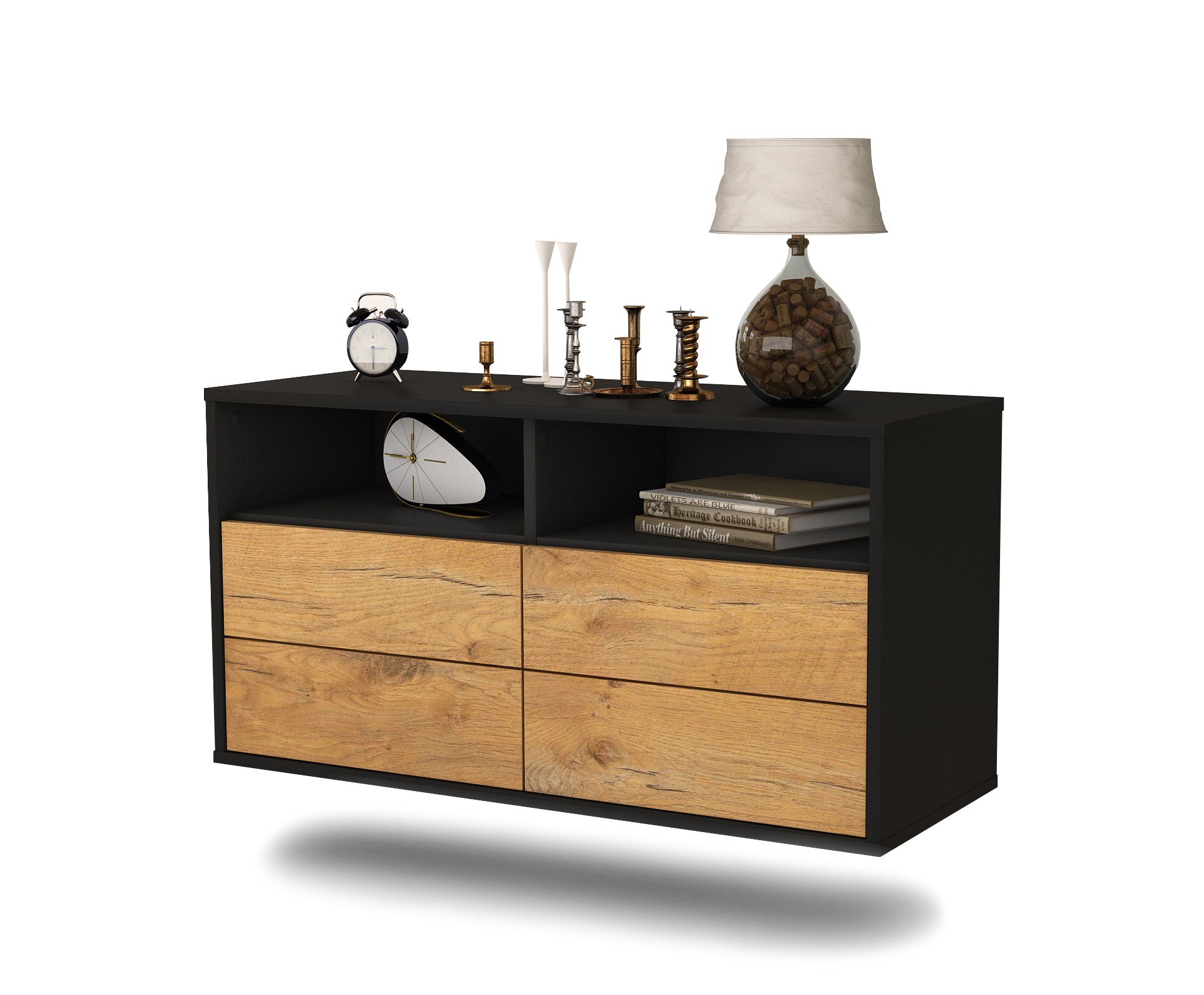 Lowboard - Alia - Design Holzdekor - Wandmontage mit Push to Open 92 cm Anthrazit