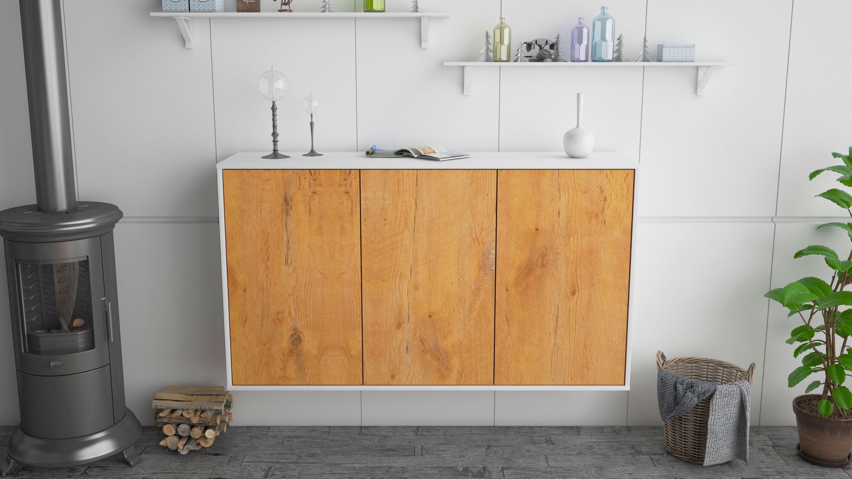 Sideboard - Delia - Design Holzdekor - Wandmontage mit Push to Open 136 cm Weiss