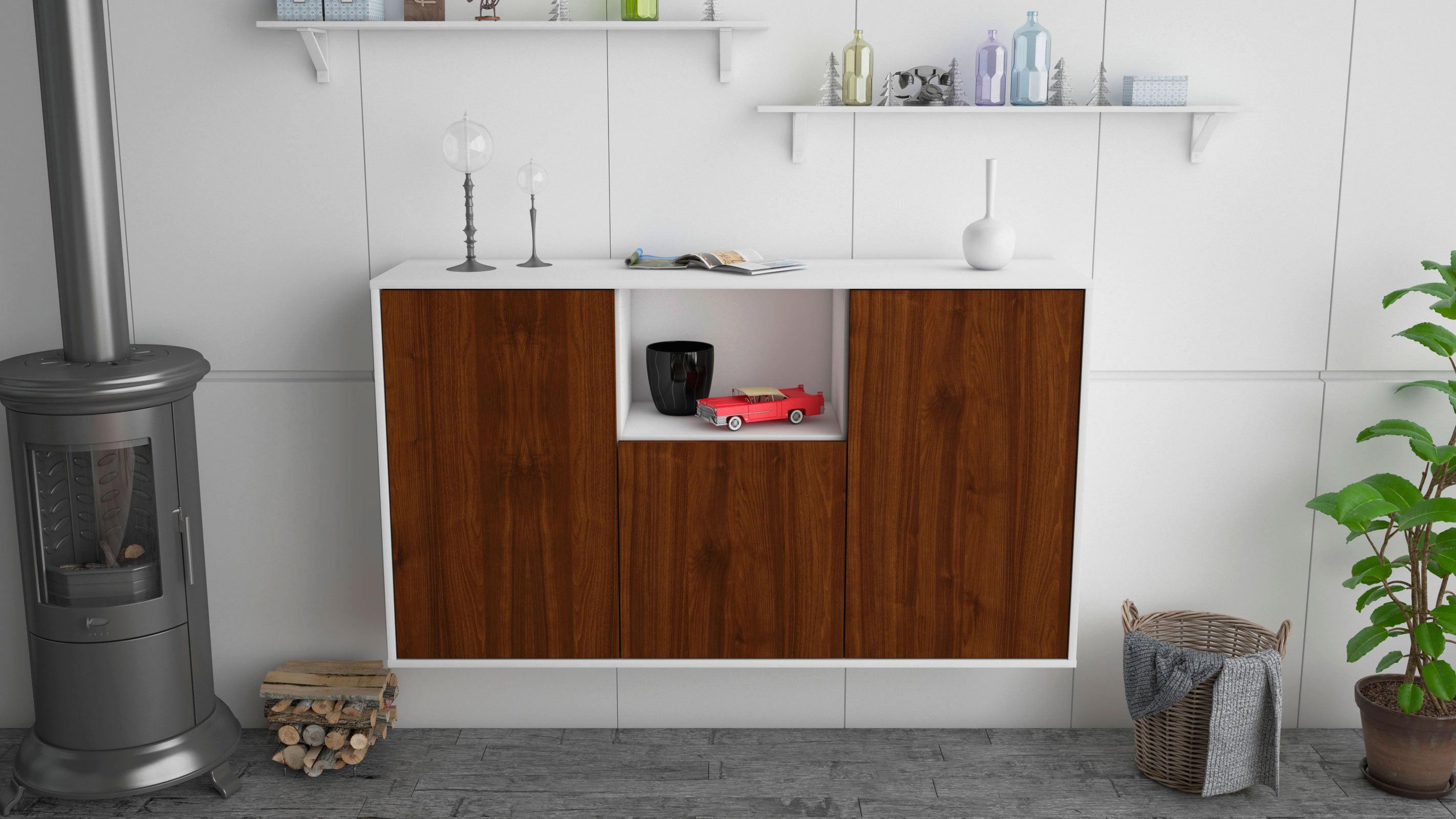 Sideboard - Demetria - Design Holzdekor - Wandmontage mit Push to Open 136 cm Weiss