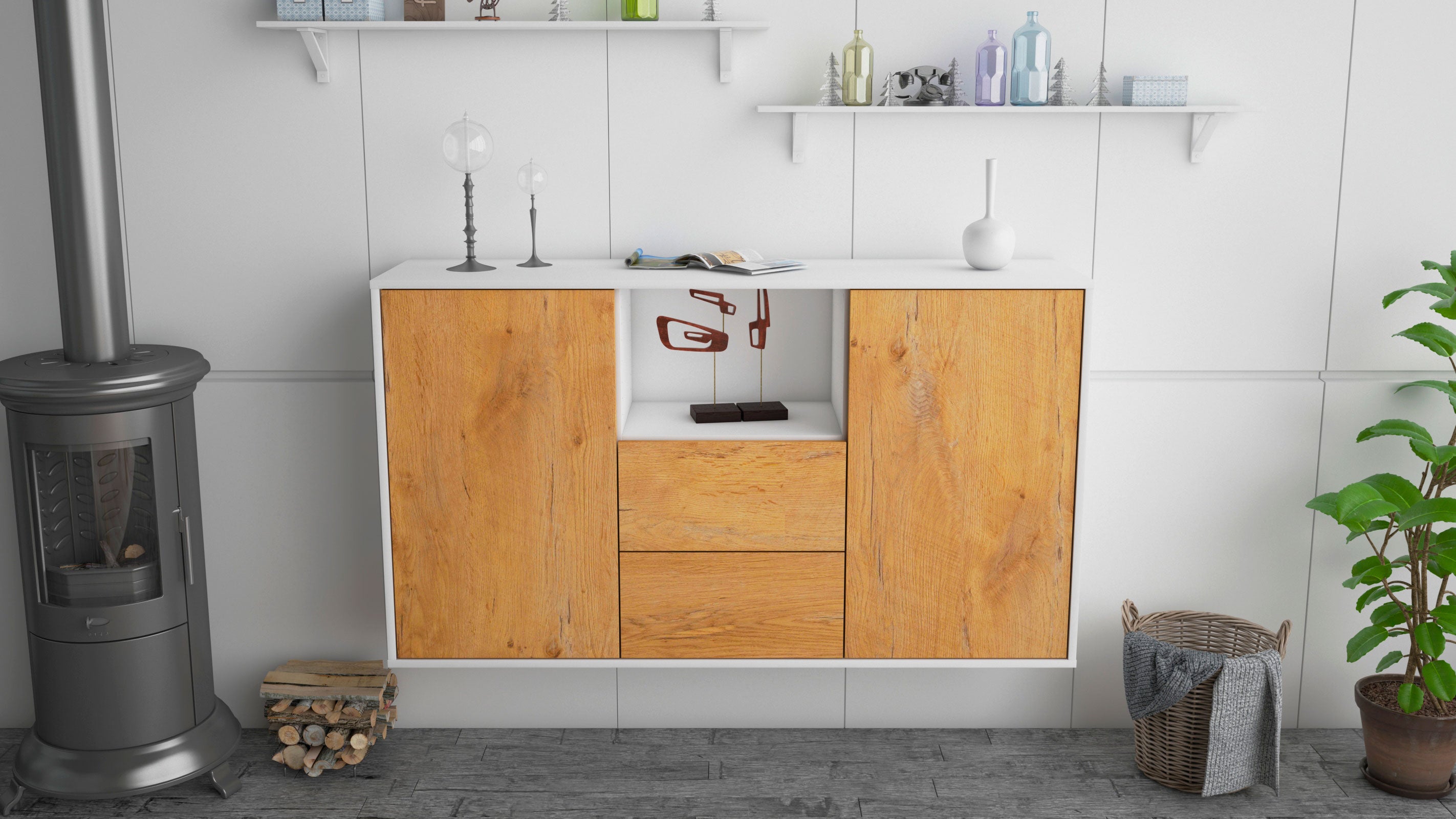 Sideboard - Donika - Design Holzdekor - Wandmontage mit Push to Open 136 cm Weiss