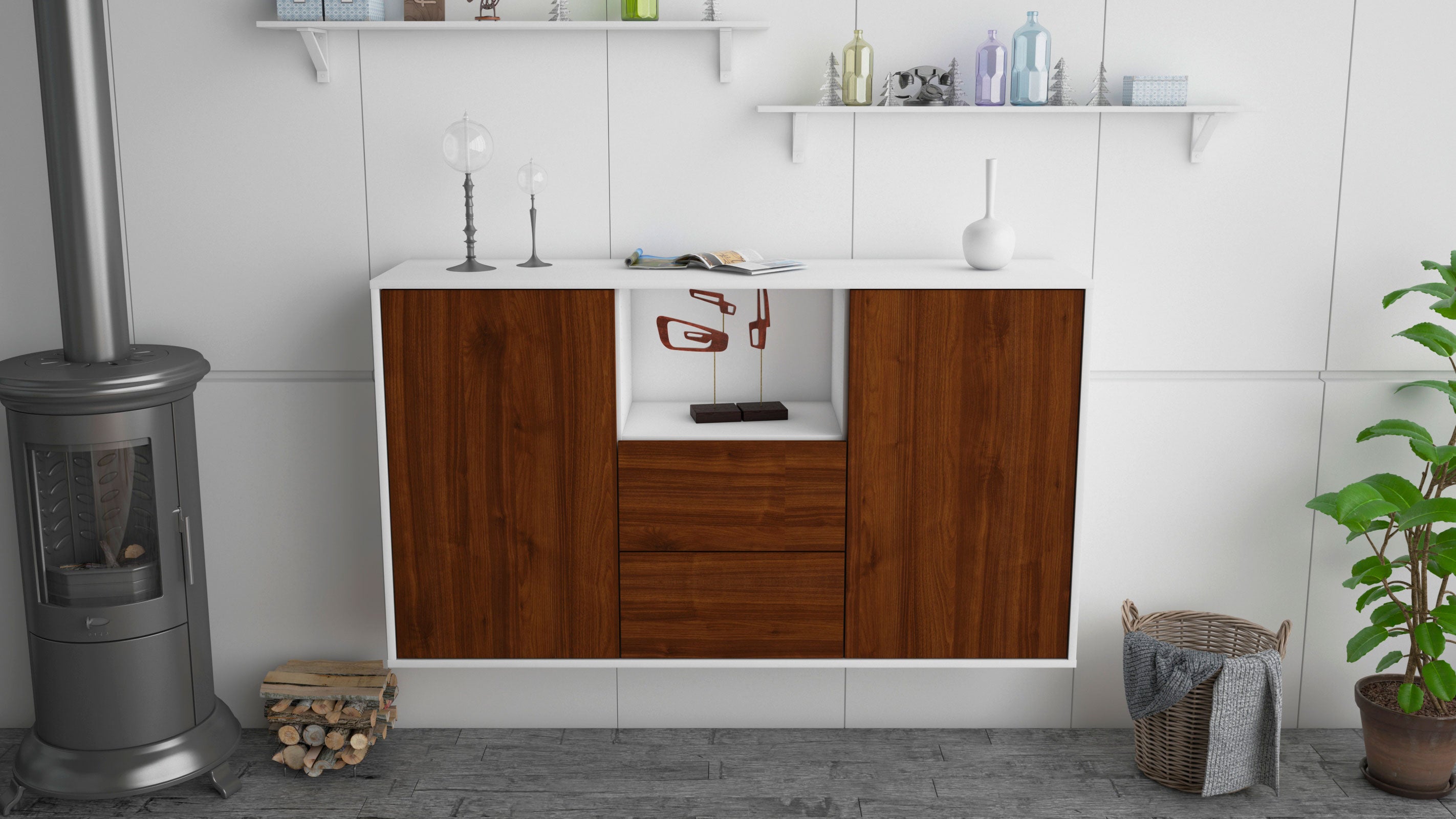 Sideboard - Donika - Design Holzdekor - Wandmontage mit Push to Open 136 cm Weiss
