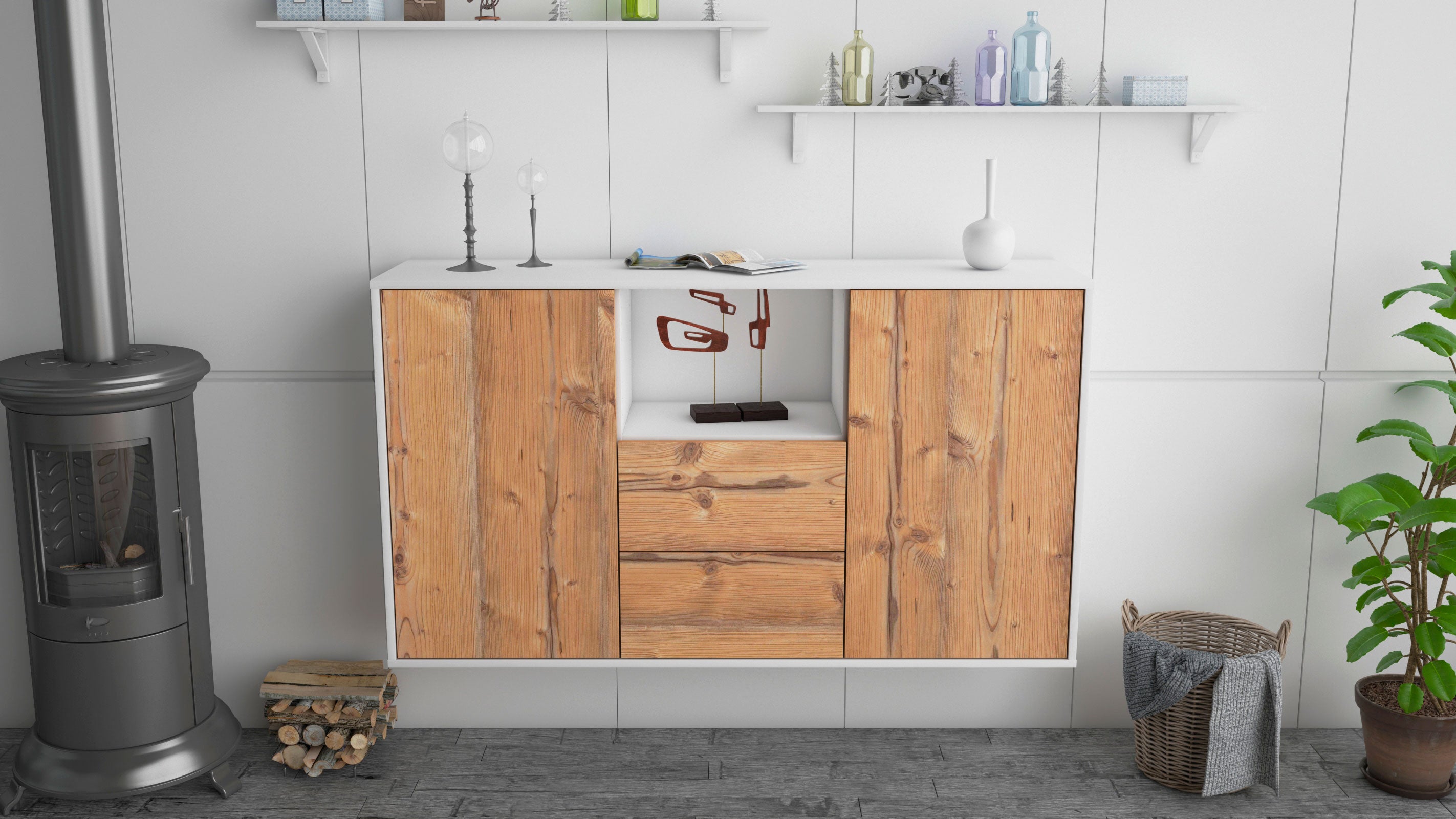 Sideboard - Donika - Design Holzdekor - Wandmontage mit Push to Open 136 cm Weiss
