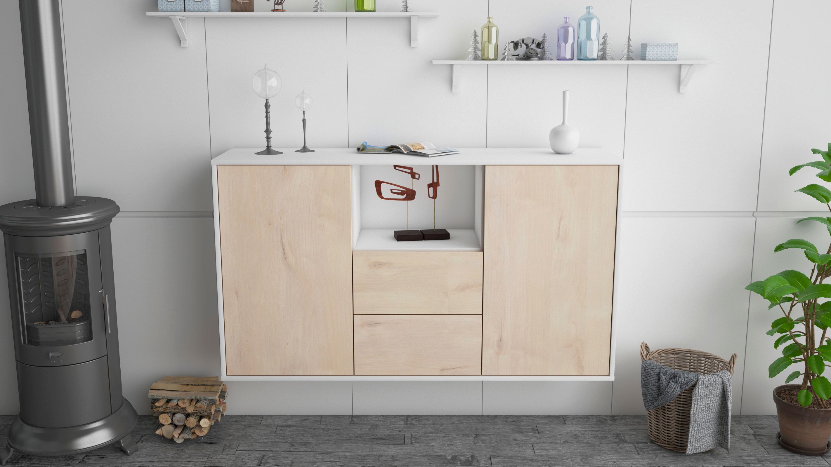 Sideboard - Donika - Design Holzdekor - Wandmontage mit Push to Open 136 cm Weiss