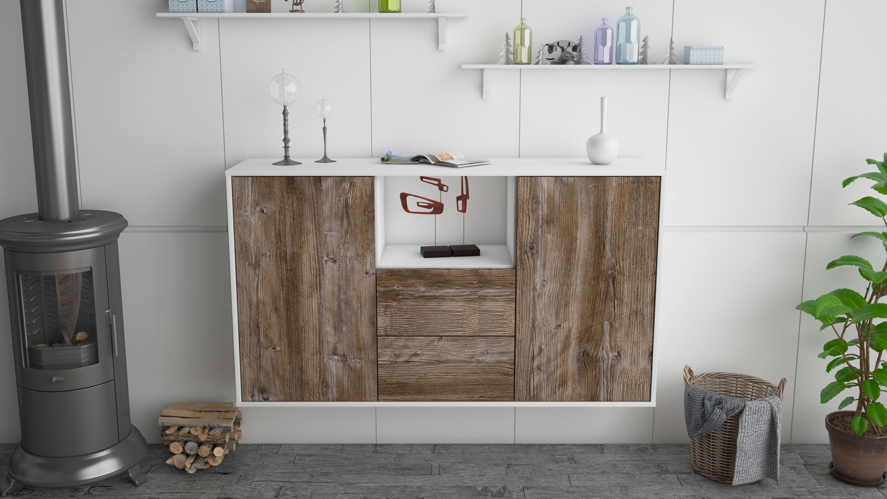 Sideboard - Donika - Design Holzdekor - Wandmontage mit Push to Open 136 cm Weiss