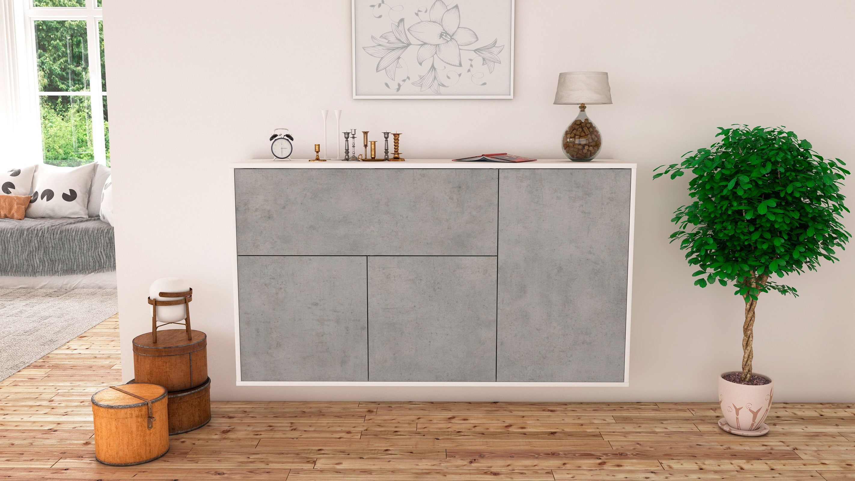 Sideboard - Edera - Design Industrie Stil - Wandmontage mit Push to Open 136 cm Weiss