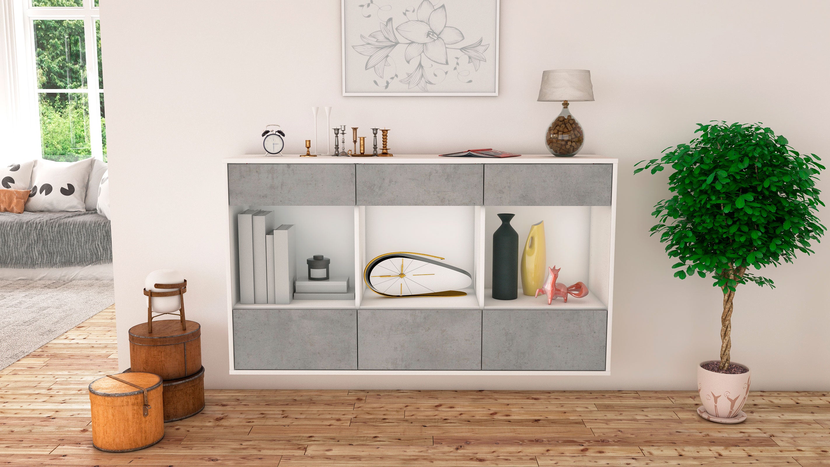 Sideboard - Efisia - Design Industrie Stil - Wandmontage mit Push to Open 136 cm Weiss