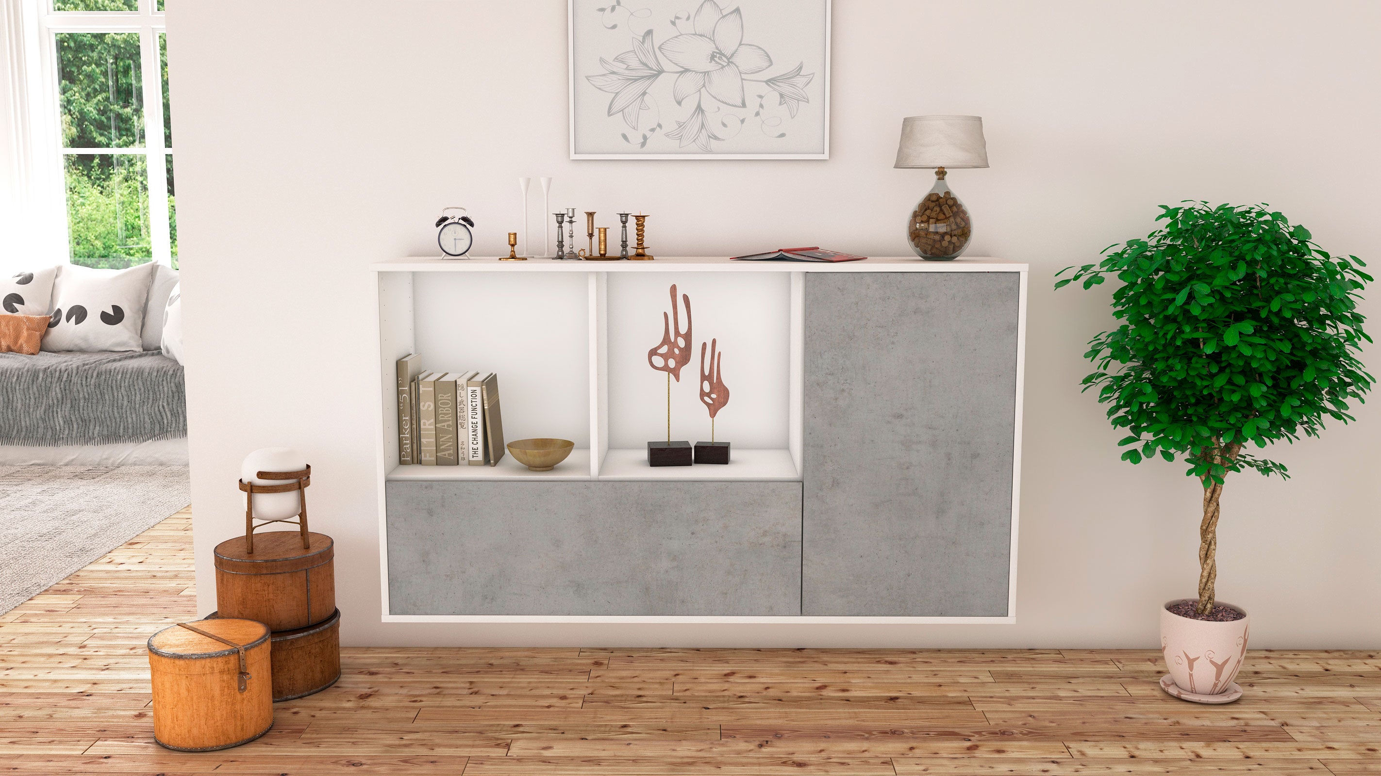 Sideboard - Ela - Design Industrie Stil - Wandmontage mit Push to Open 136 cm Weiss