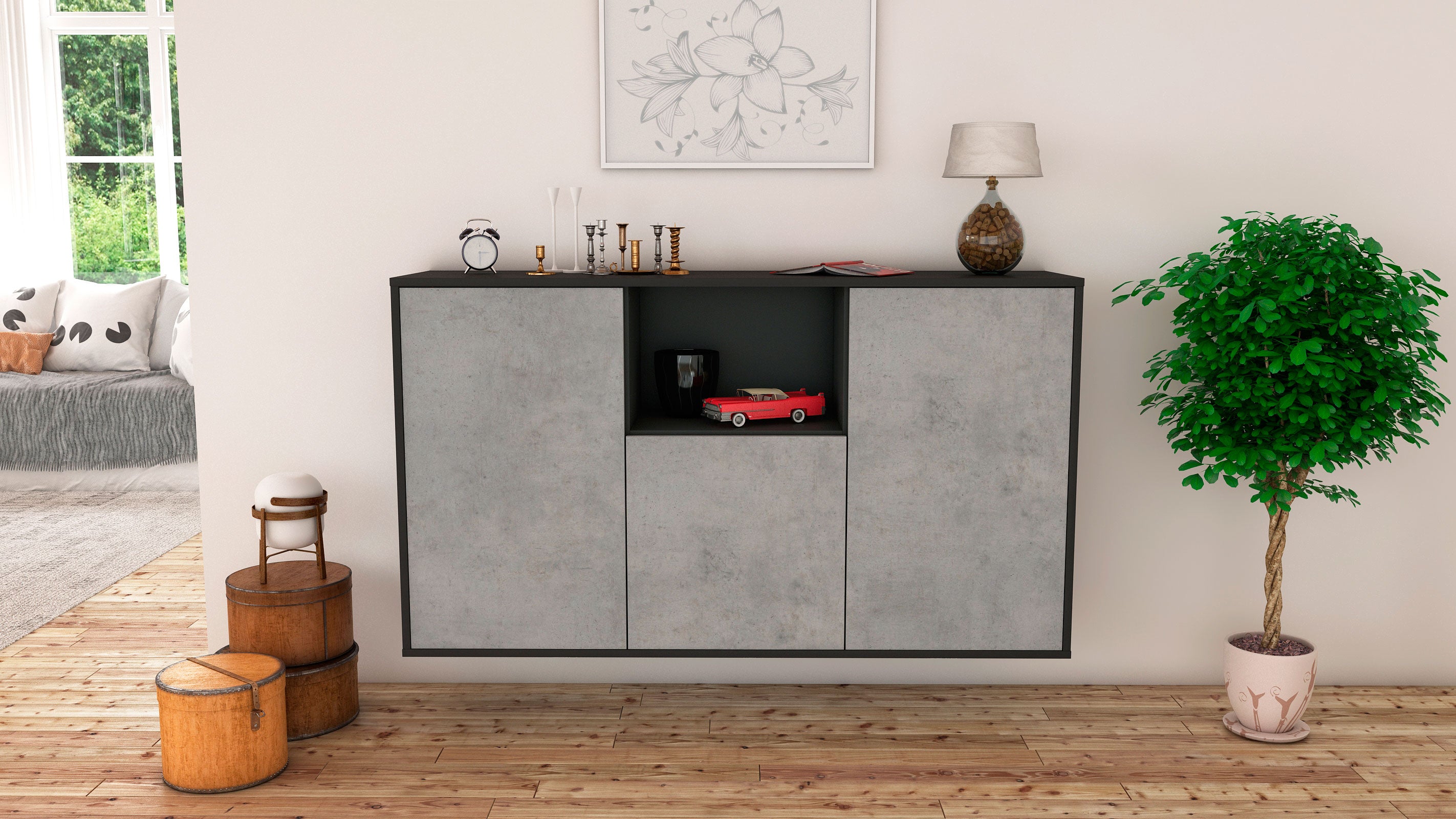 Sideboard - Demetria - Design Industrie Stil - Wandmontage mit Push to Open 136 cm Anthrazit