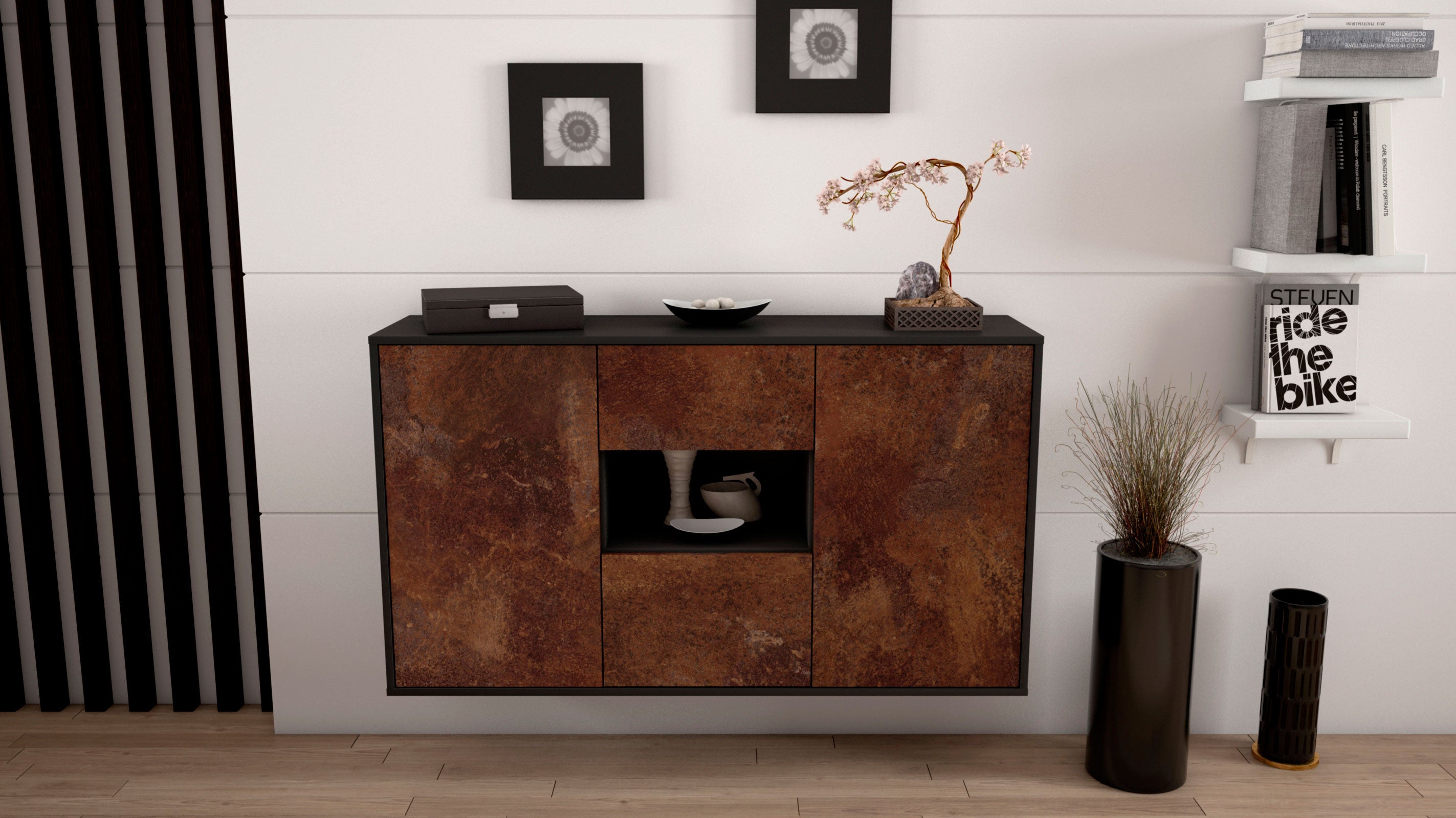 Sideboard - Denise - Design Industrie Stil - Wandmontage mit Push to Open 136 cm Anthrazit