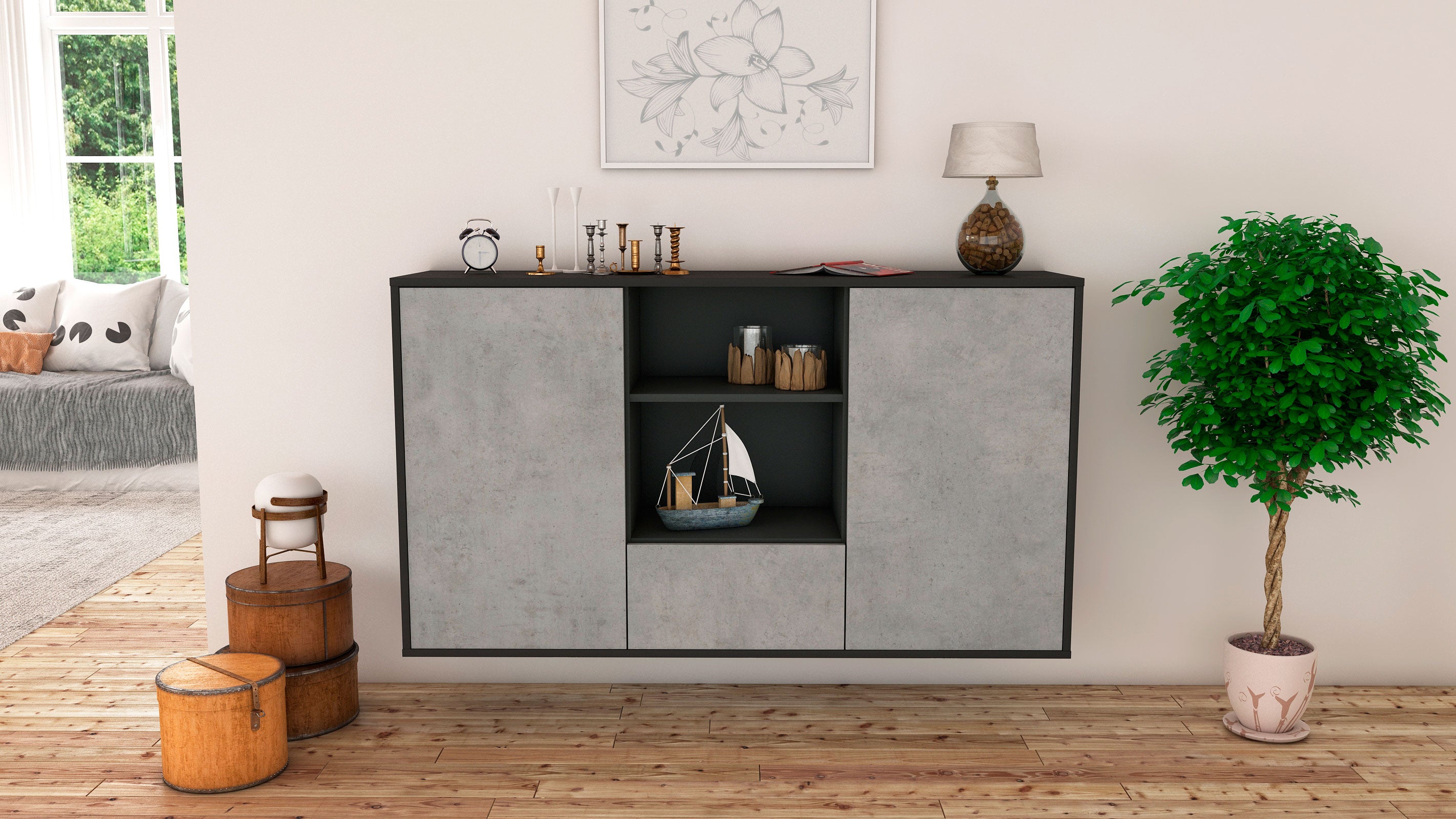 Sideboard - Desideria - Design Industrie Stil - Wandmontage mit Push to Open 136 cm Anthrazit