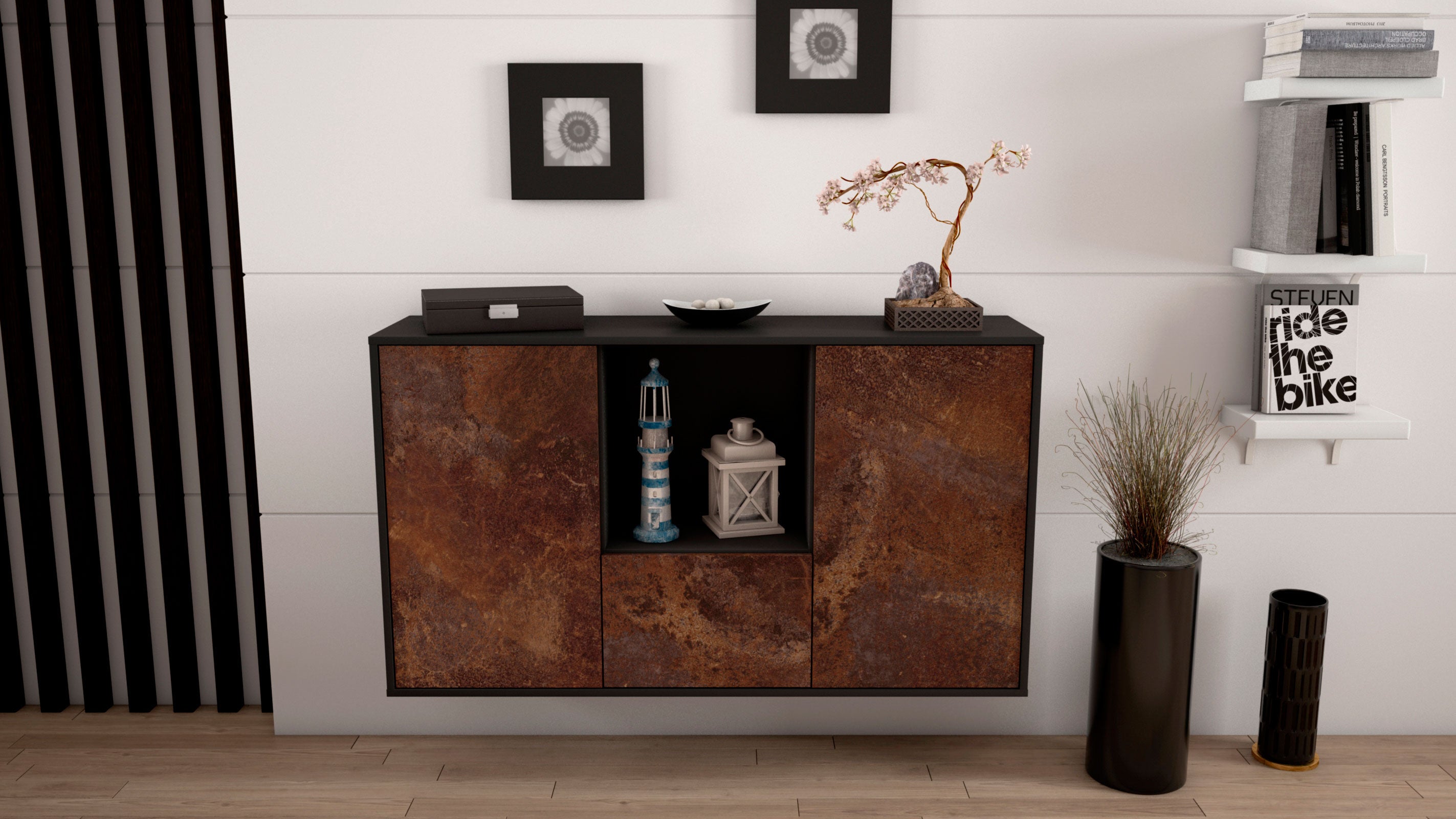 Sideboard - Dhonna - Design Industrie Stil - Wandmontage mit Push to Open 136 cm Anthrazit