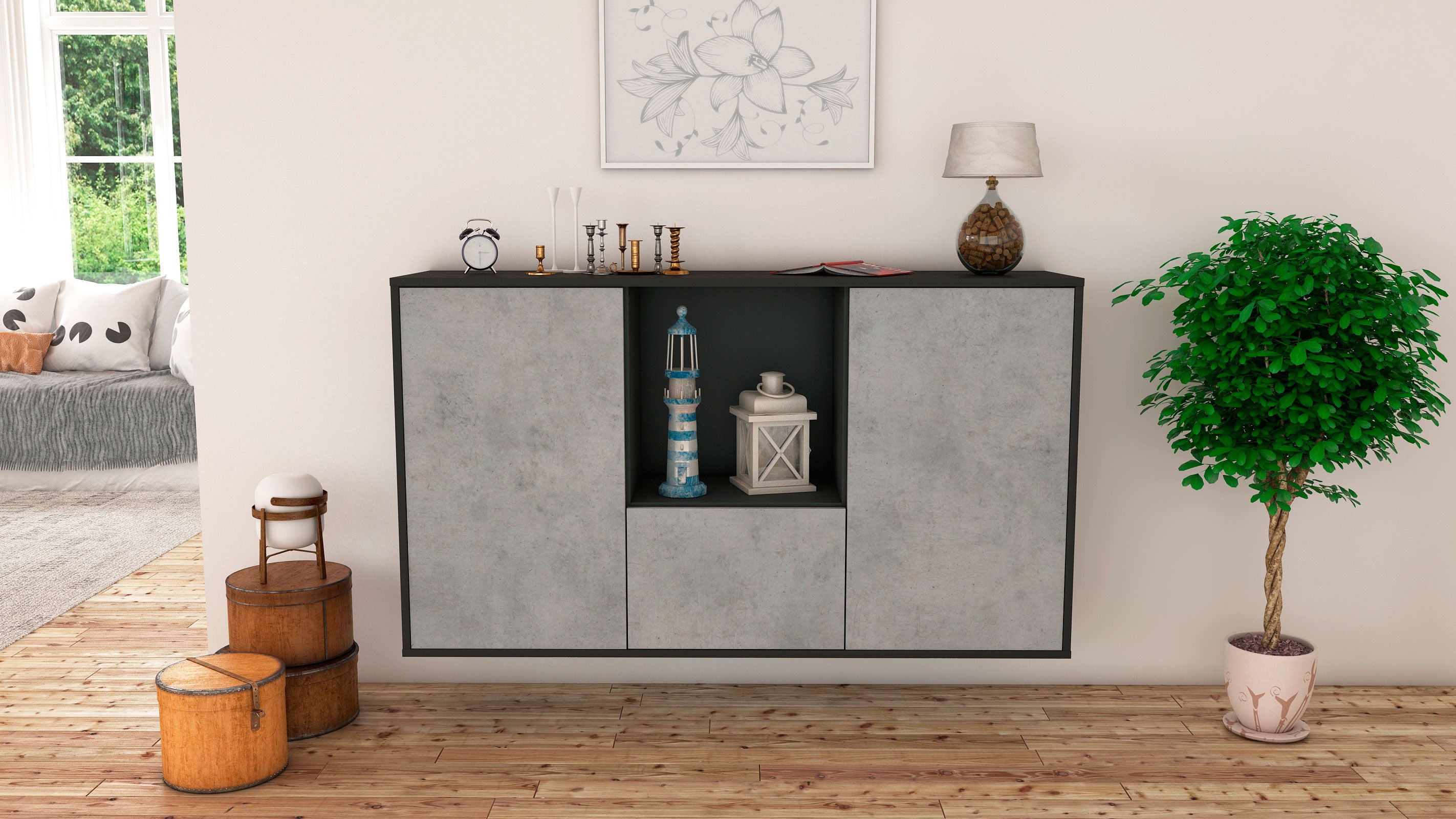 Sideboard - Dhonna - Design Industrie Stil - Wandmontage mit Push to Open 136 cm Anthrazit