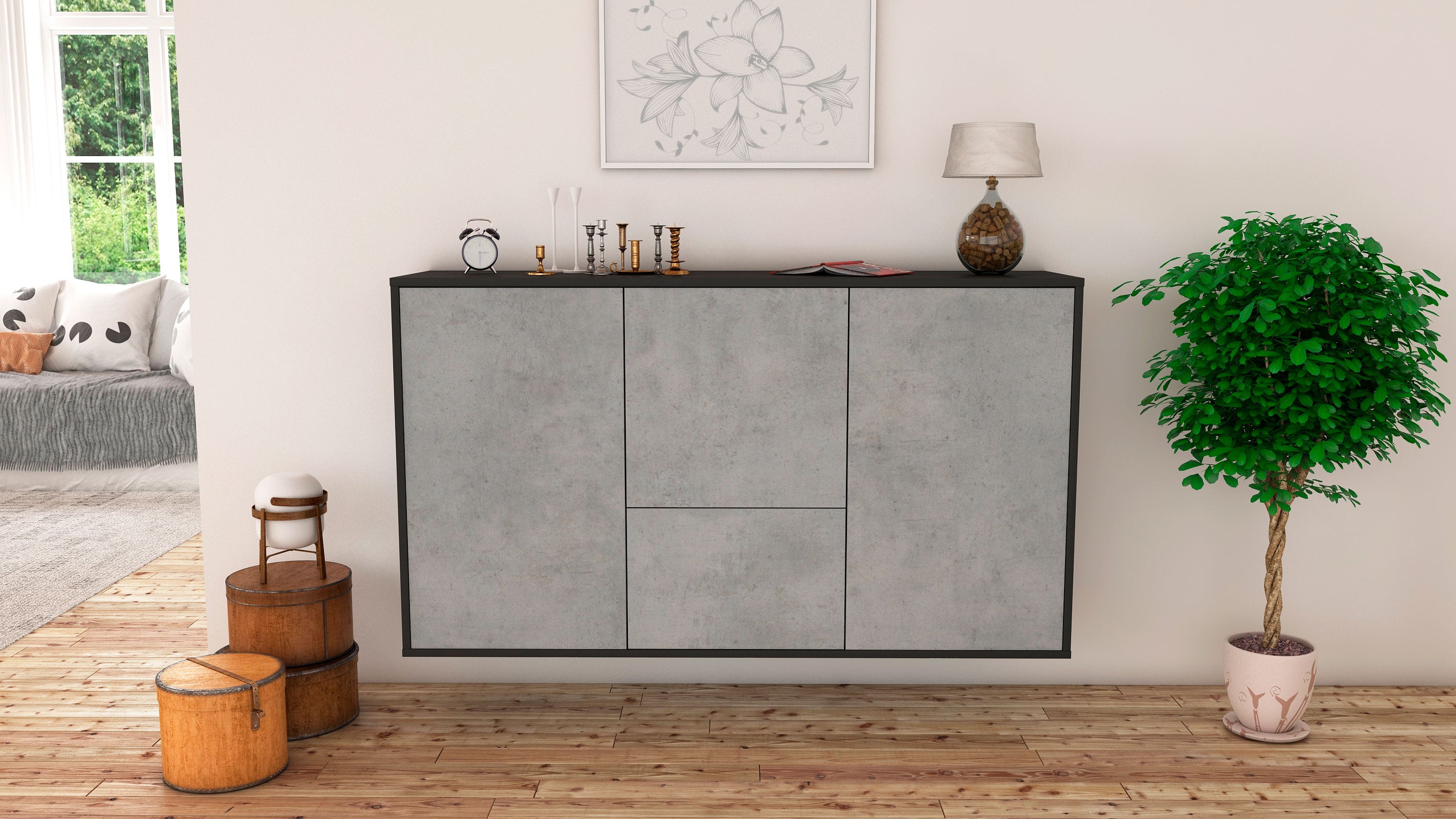 Sideboard - Diana - Design Industrie Stil - Wandmontage mit Push to Open 136 cm Anthrazit