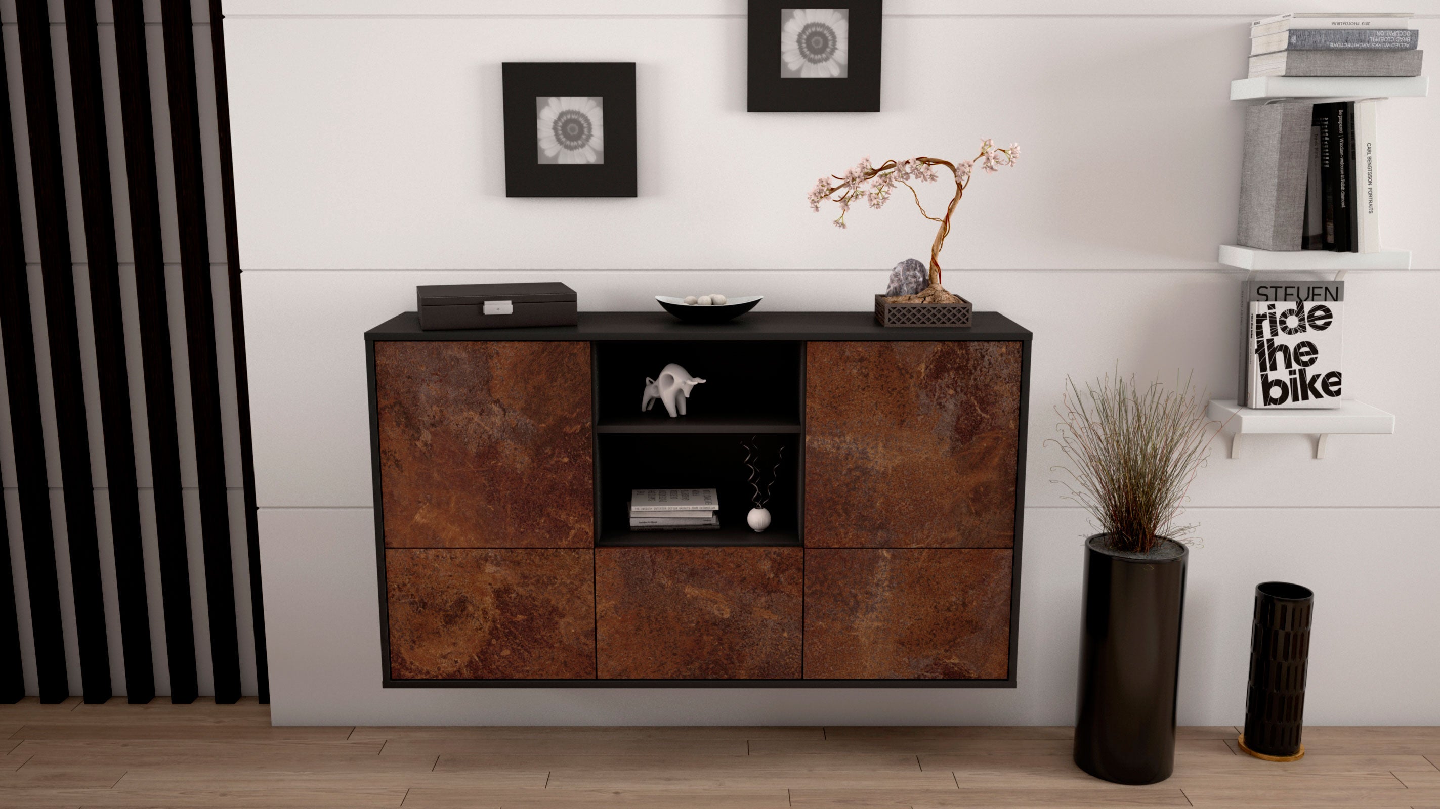 Sideboard - Diellza - Design Industrie Stil - Wandmontage mit Push to Open 136 cm Anthrazit