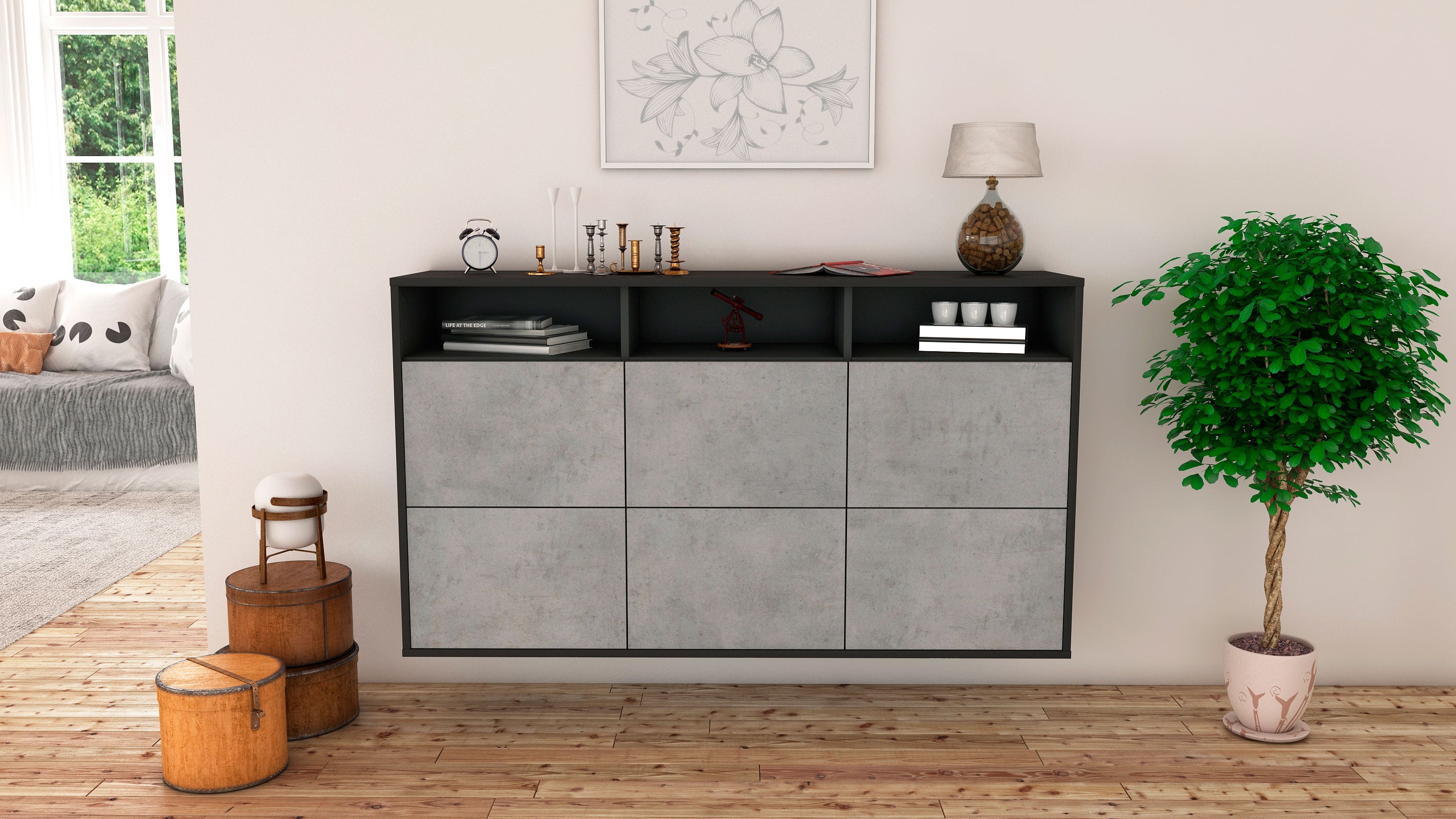 Sideboard - Dilara - Design Industrie Stil - Wandmontage mit Push to Open 136 cm Anthrazit