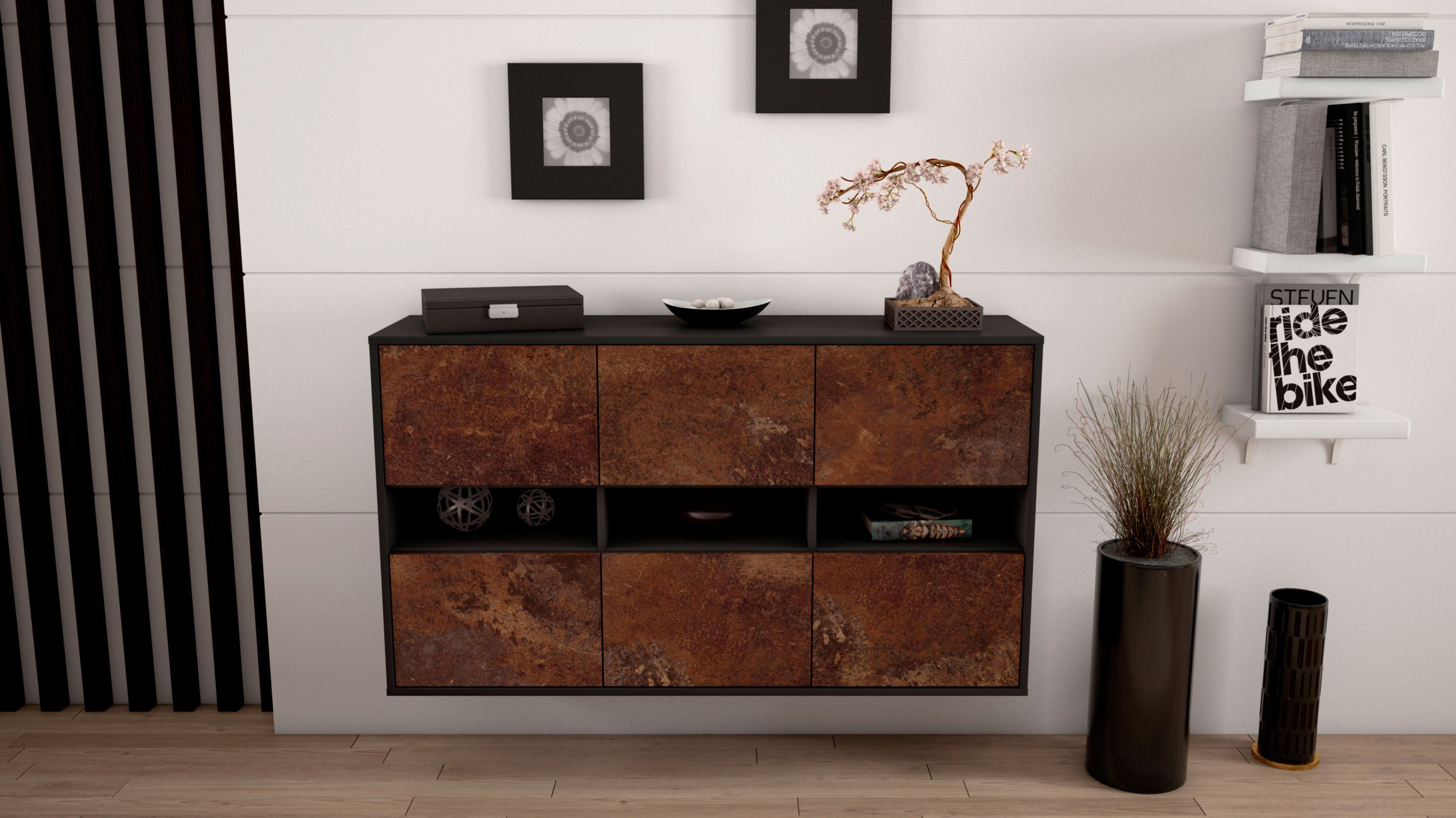 Sideboard - Diletta - Design Industrie Stil - Wandmontage mit Push to Open 136 cm Anthrazit