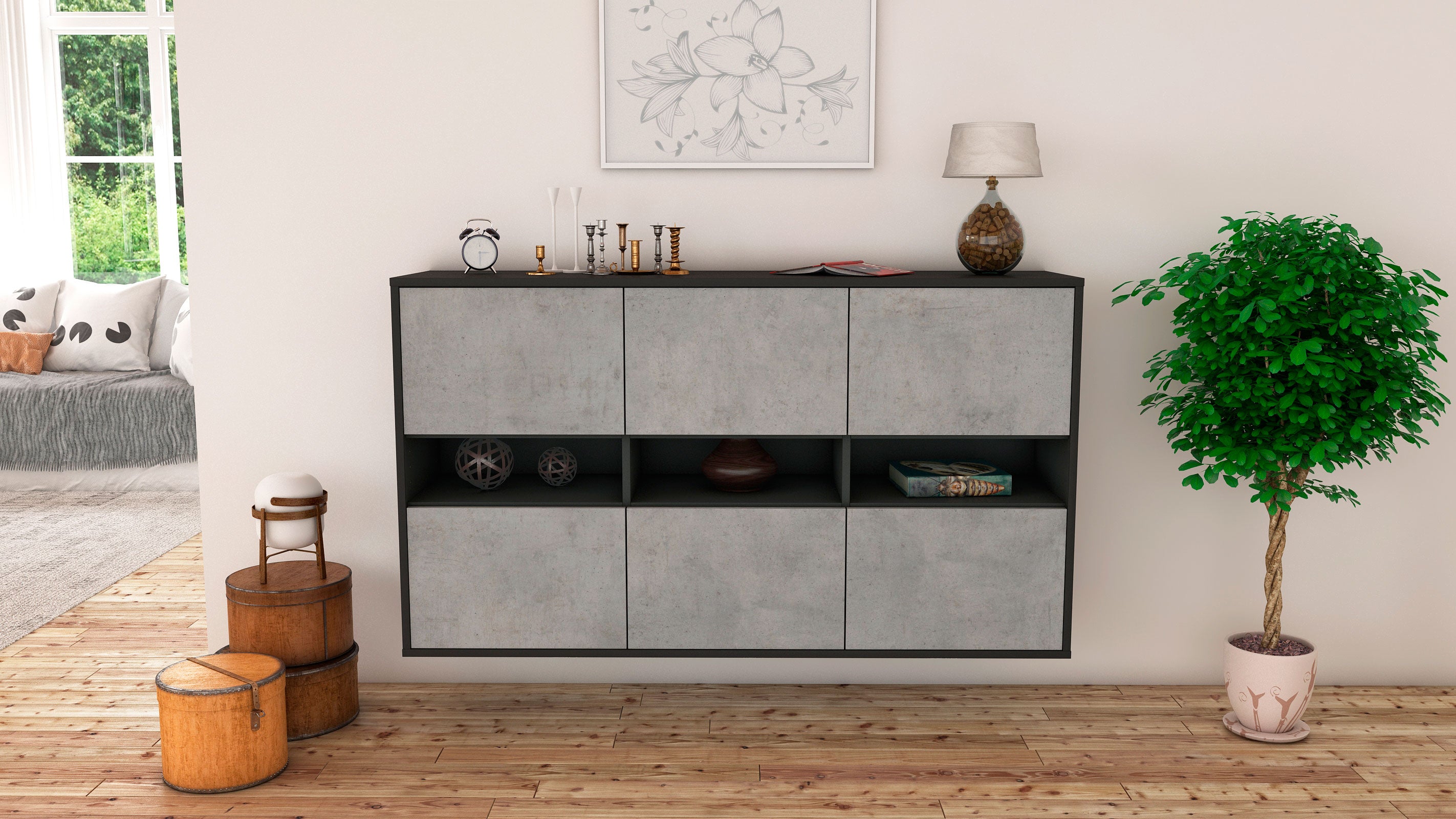 Sideboard - Diletta - Design Industrie Stil - Wandmontage mit Push to Open 136 cm Anthrazit