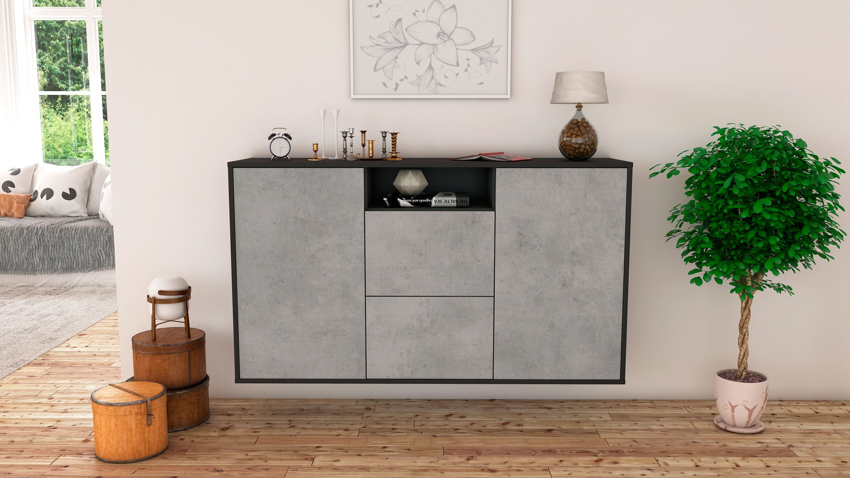 Sideboard - Dimphi - Design Industrie Stil - Wandmontage mit Push to Open 136 cm Anthrazit