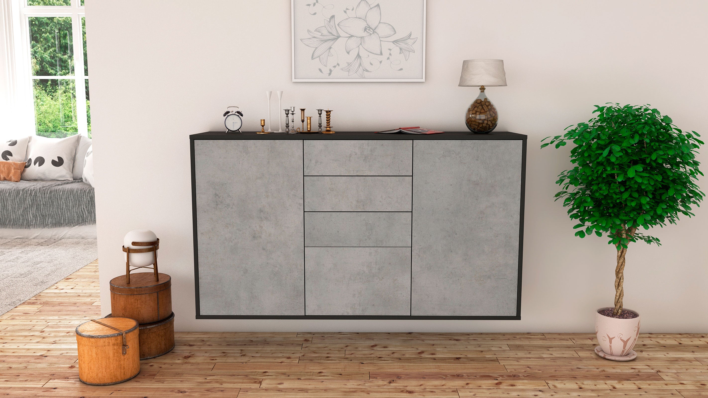 Sideboard - Donatella - Design Industrie Stil - Wandmontage mit Push to Open 136 cm Anthrazit