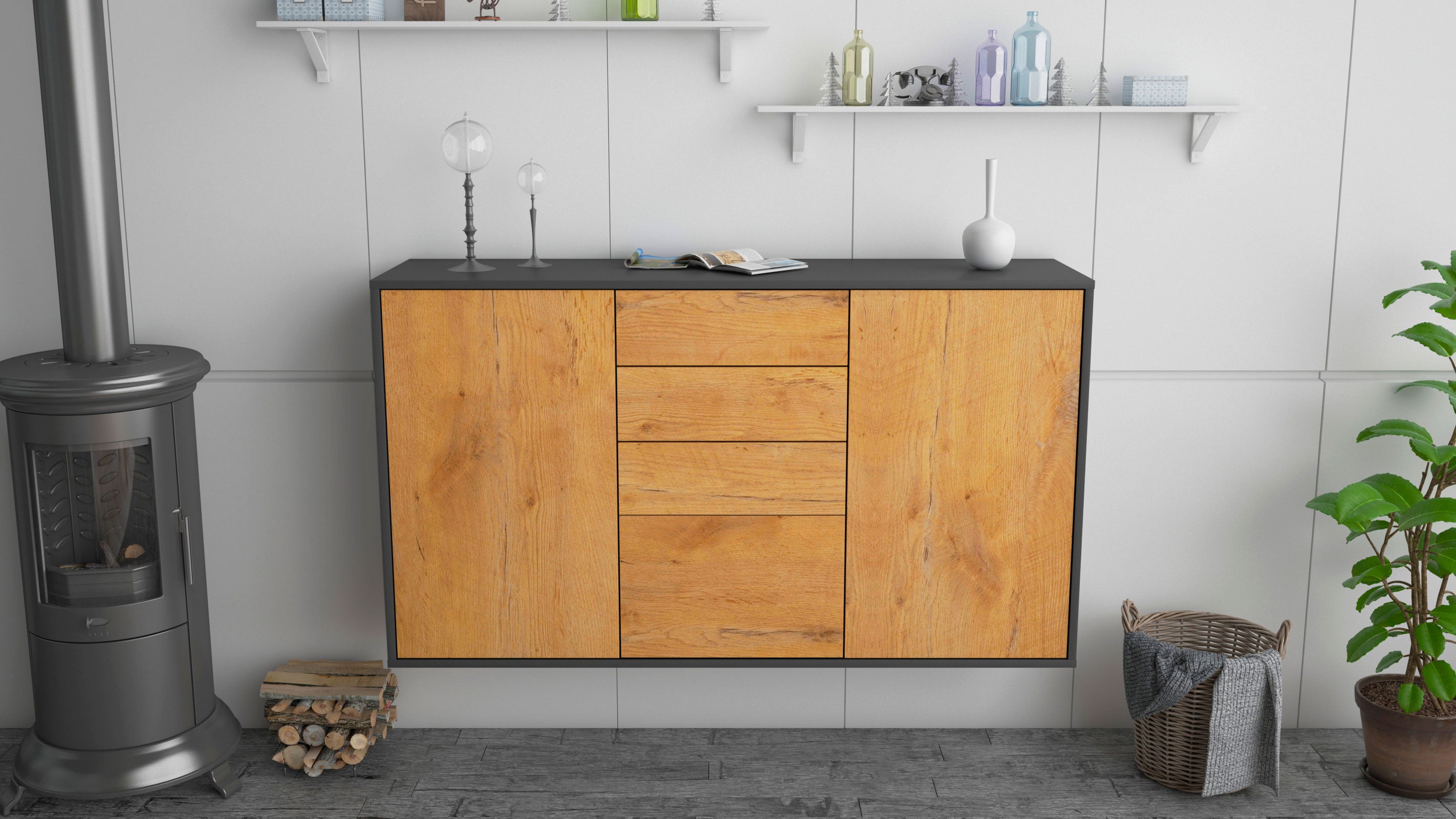 Sideboard - Donatella - Design Holzdekor - Wandmontage mit Push to Open 136 cm Anthrazit