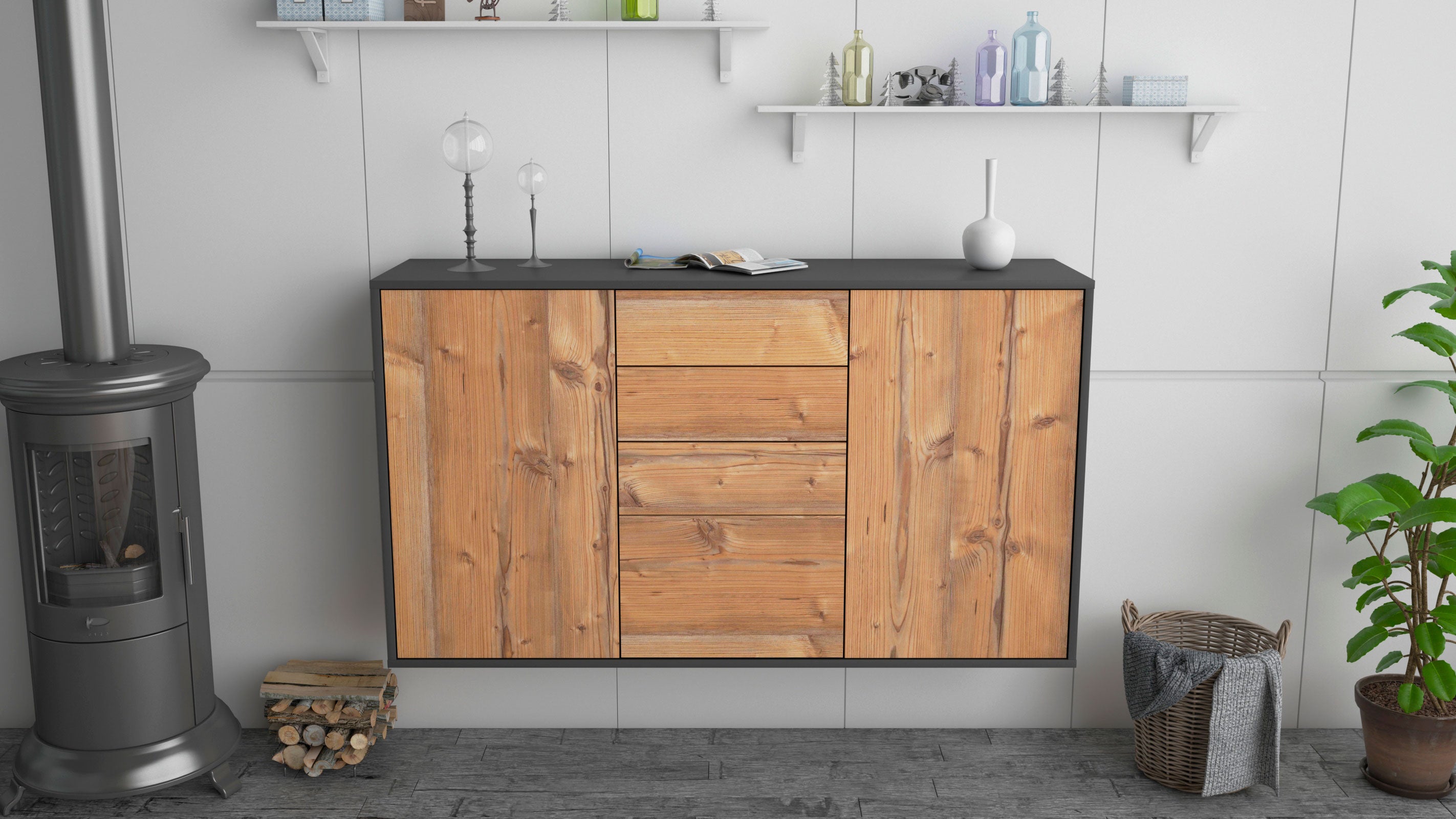 Sideboard - Donatella - Design Holzdekor - Wandmontage mit Push to Open 136 cm Anthrazit