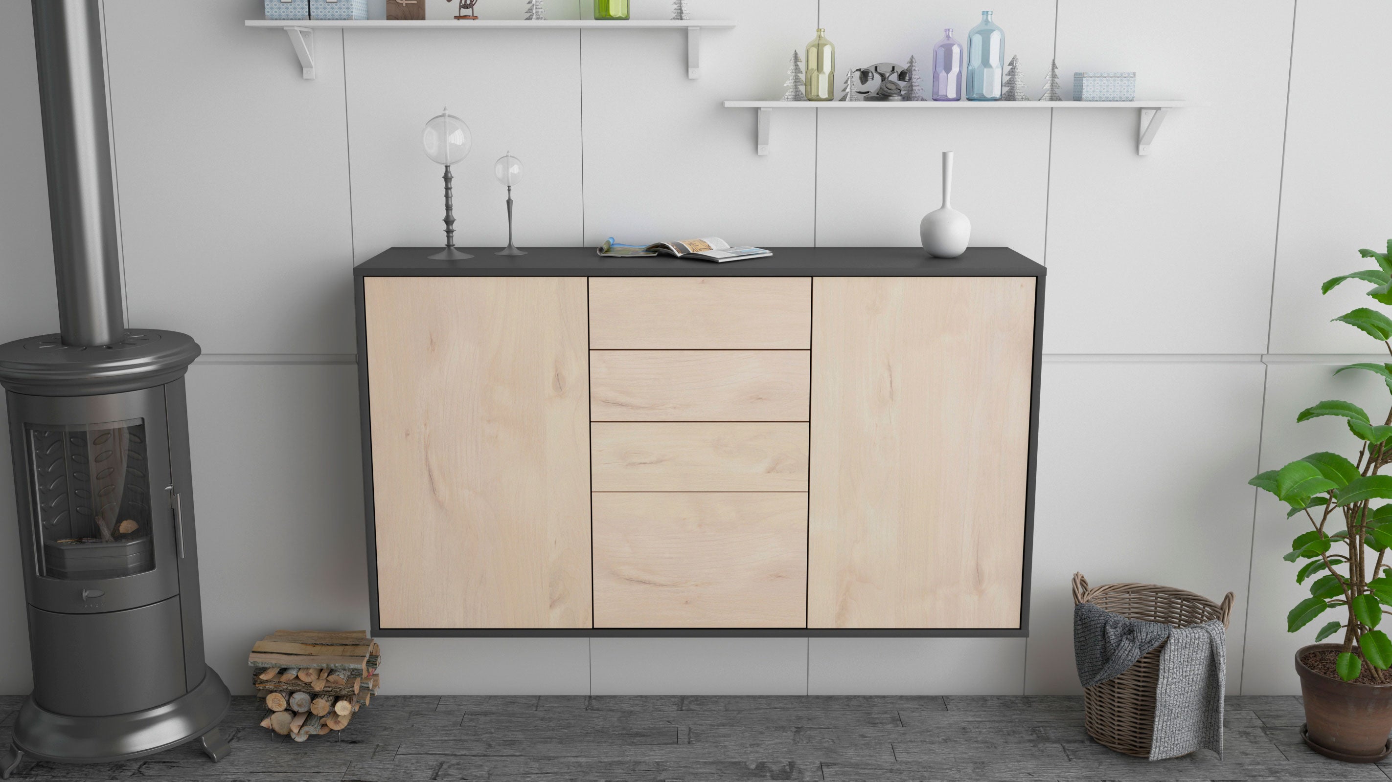 Sideboard - Donatella - Design Holzdekor - Wandmontage mit Push to Open 136 cm Anthrazit