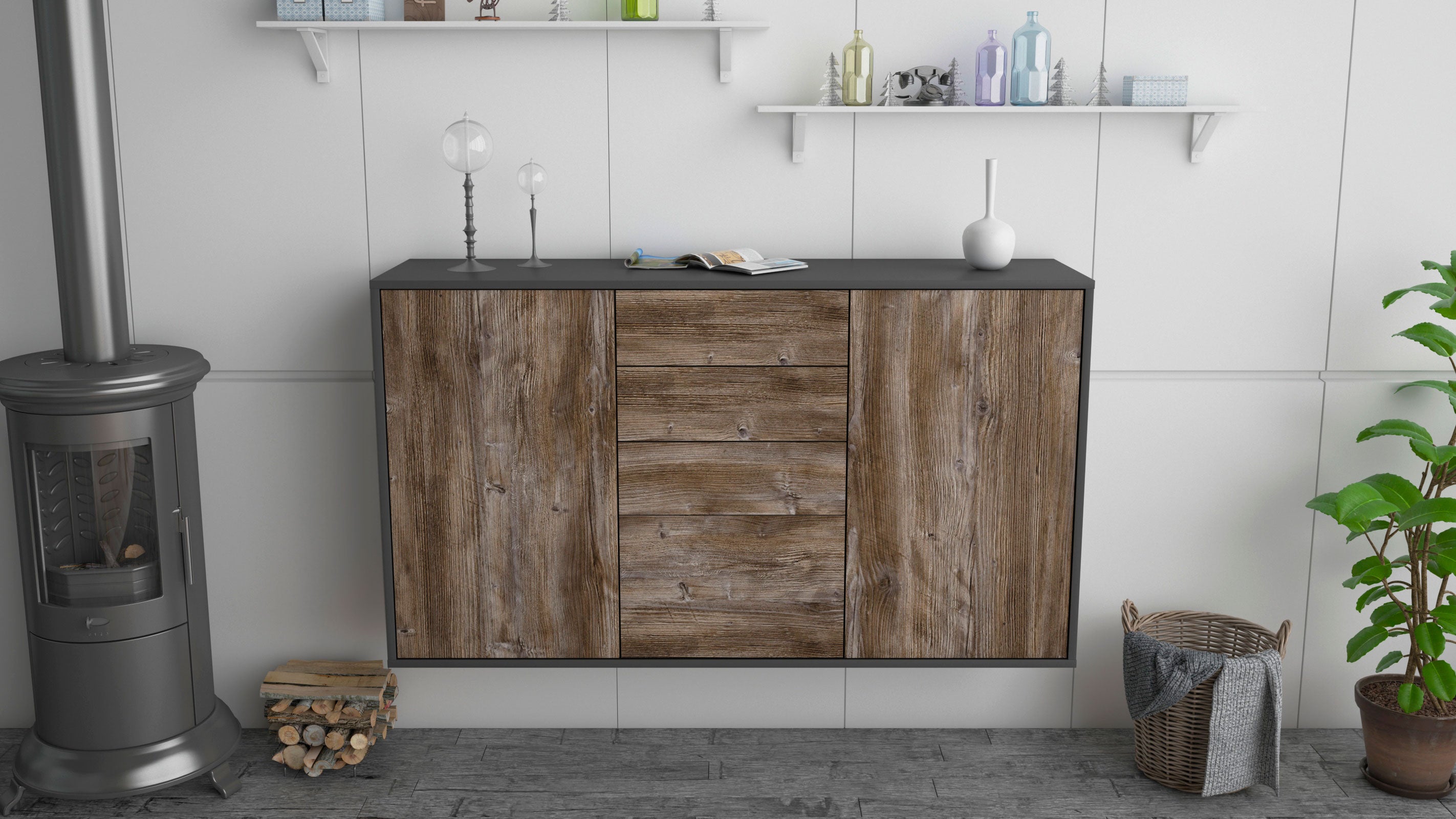 Sideboard - Donatella - Design Holzdekor - Wandmontage mit Push to Open 136 cm Anthrazit