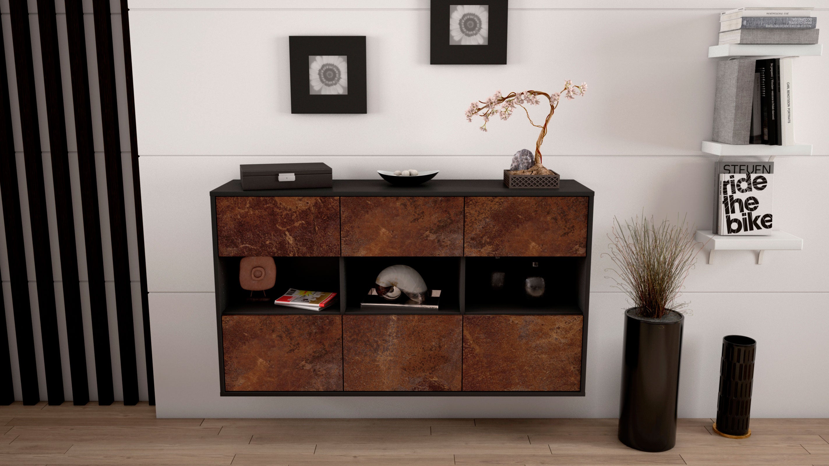 Sideboard - Dorett - Design Industrie Stil - Wandmontage mit Push to Open 136 cm Anthrazit