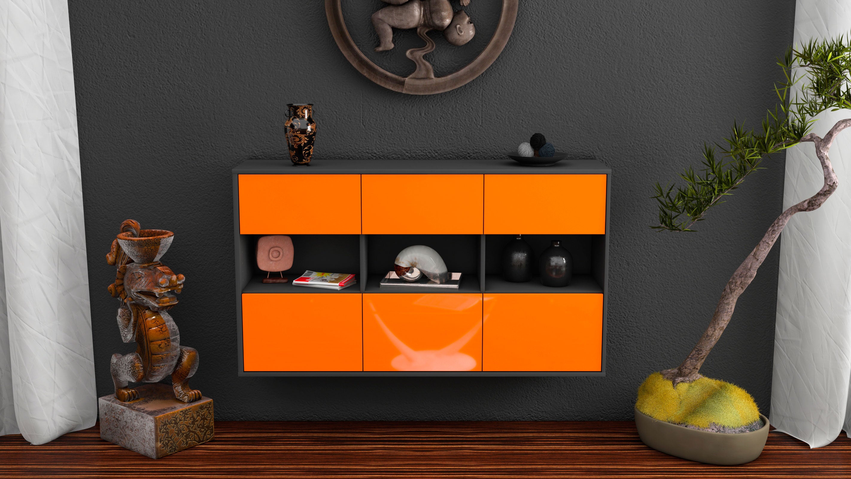 Sideboard - Dorett - Design Hochglanz - Wandmontage mit Push to Open 136 cm Anthrazit
