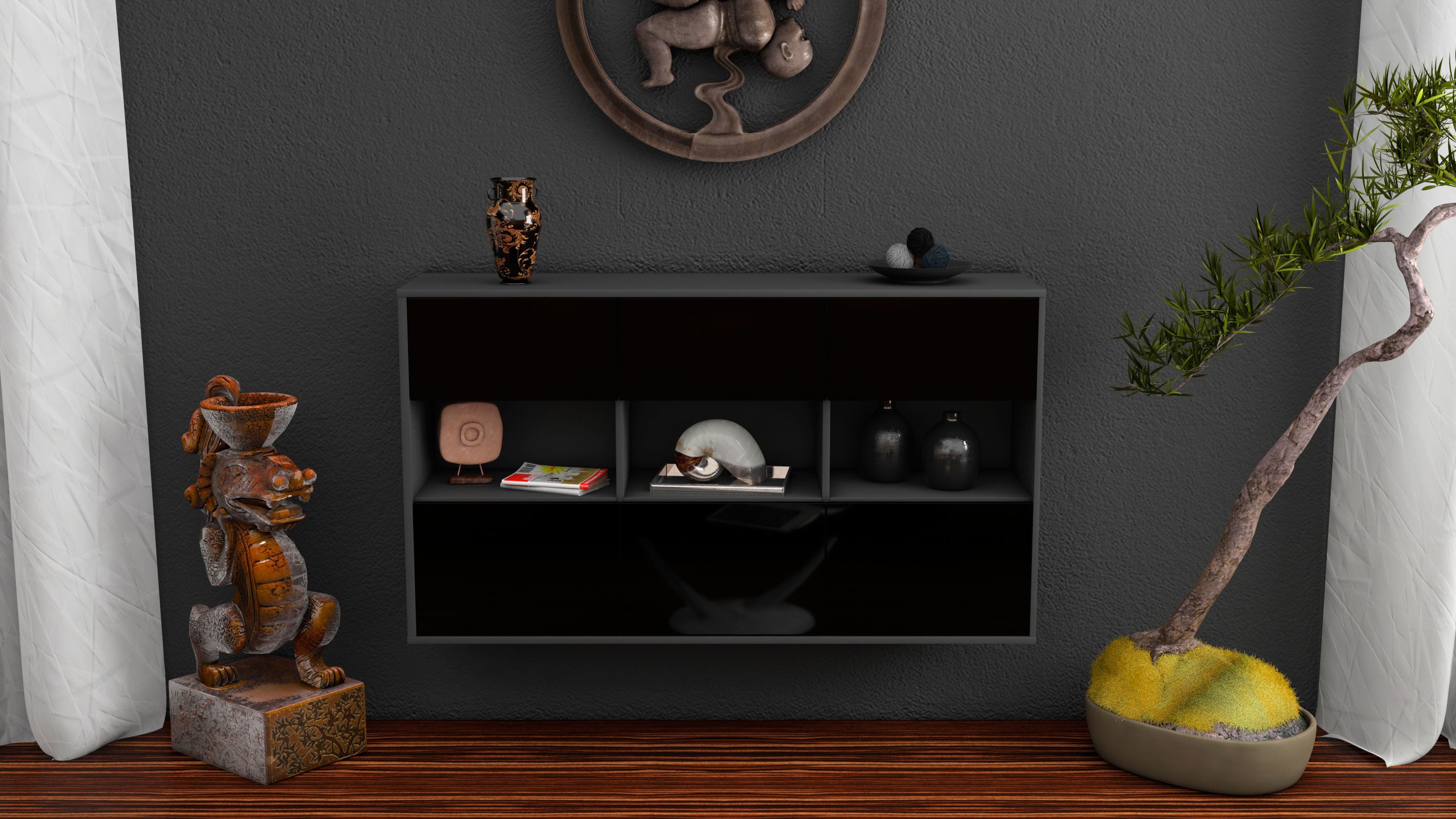 Sideboard - Dorett - Design Hochglanz - Wandmontage mit Push to Open 136 cm Anthrazit