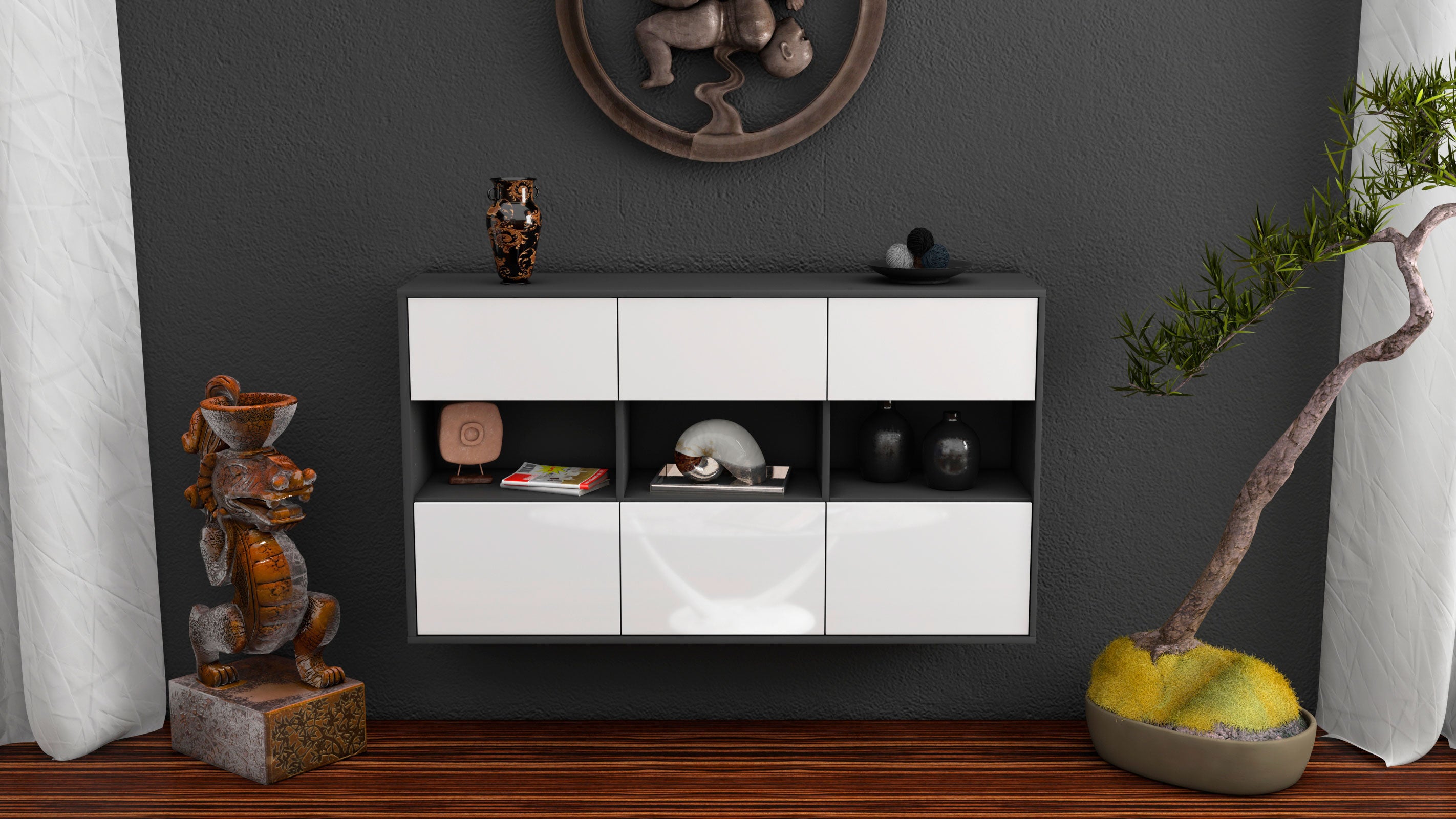 Sideboard - Dorett - Design Hochglanz - Wandmontage mit Push to Open 136 cm Anthrazit