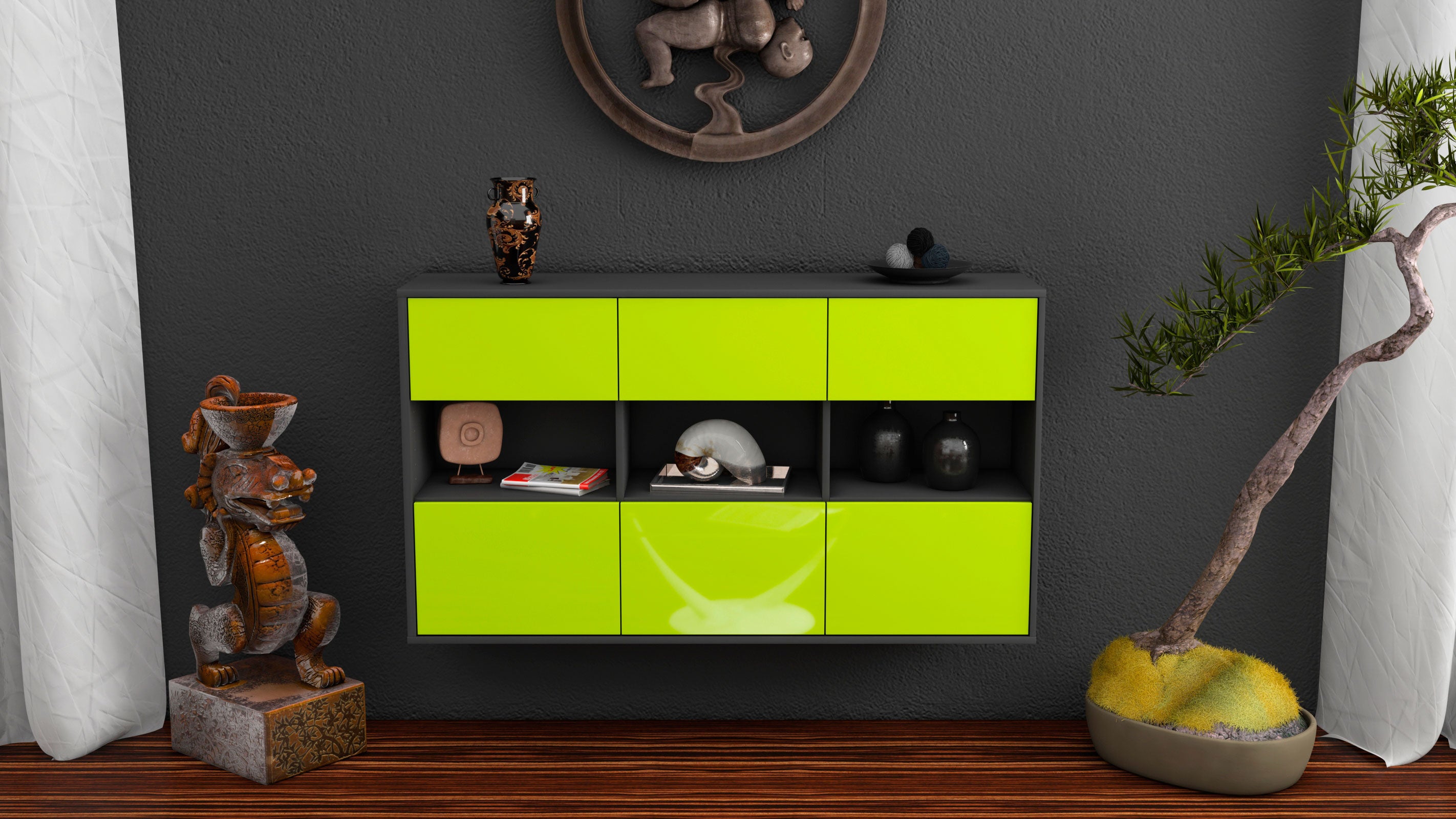Sideboard - Dorett - Design Hochglanz - Wandmontage mit Push to Open 136 cm Anthrazit