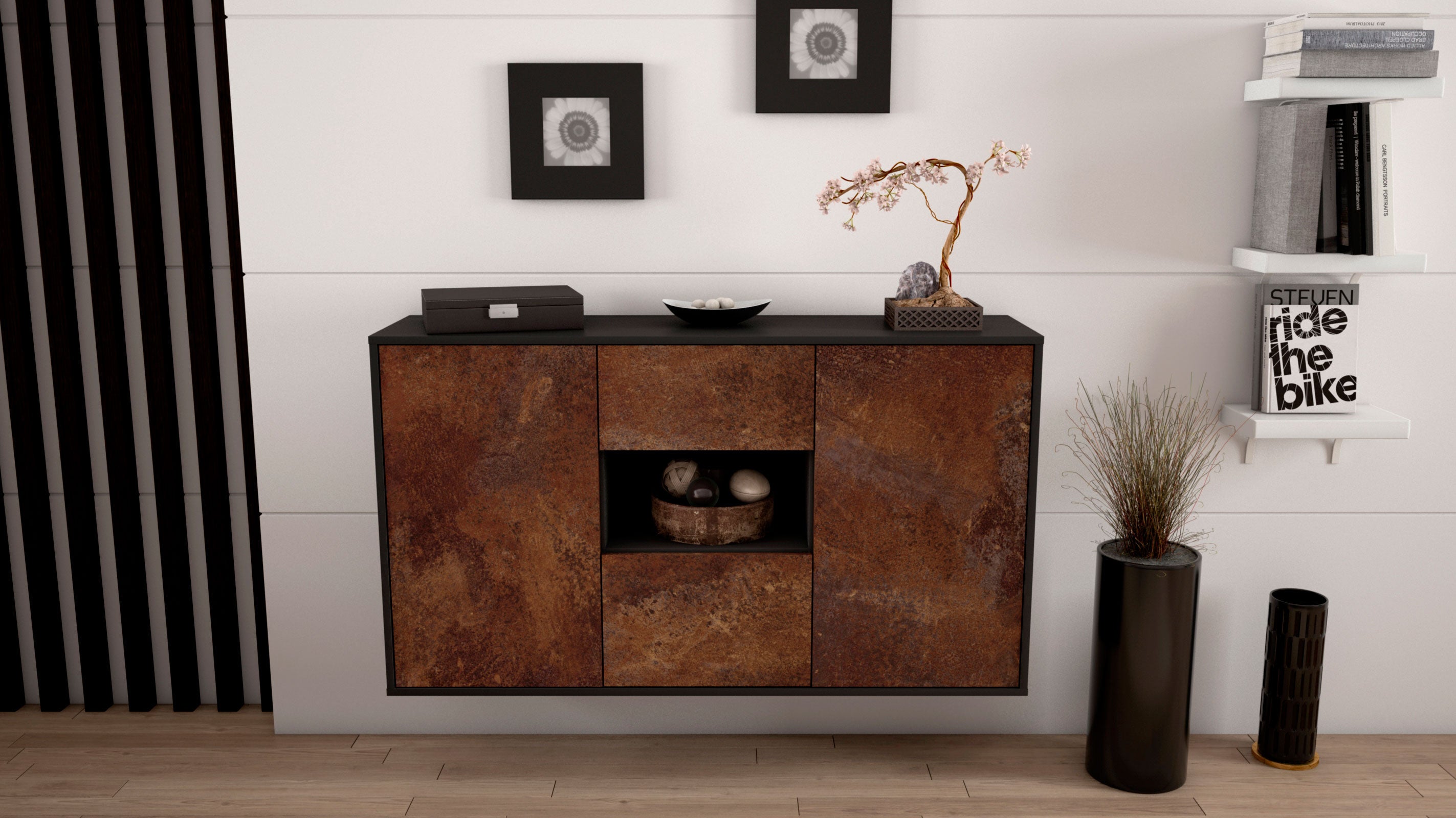 Sideboard - Doriana - Design Industrie Stil - Wandmontage mit Push to Open 136 cm Anthrazit