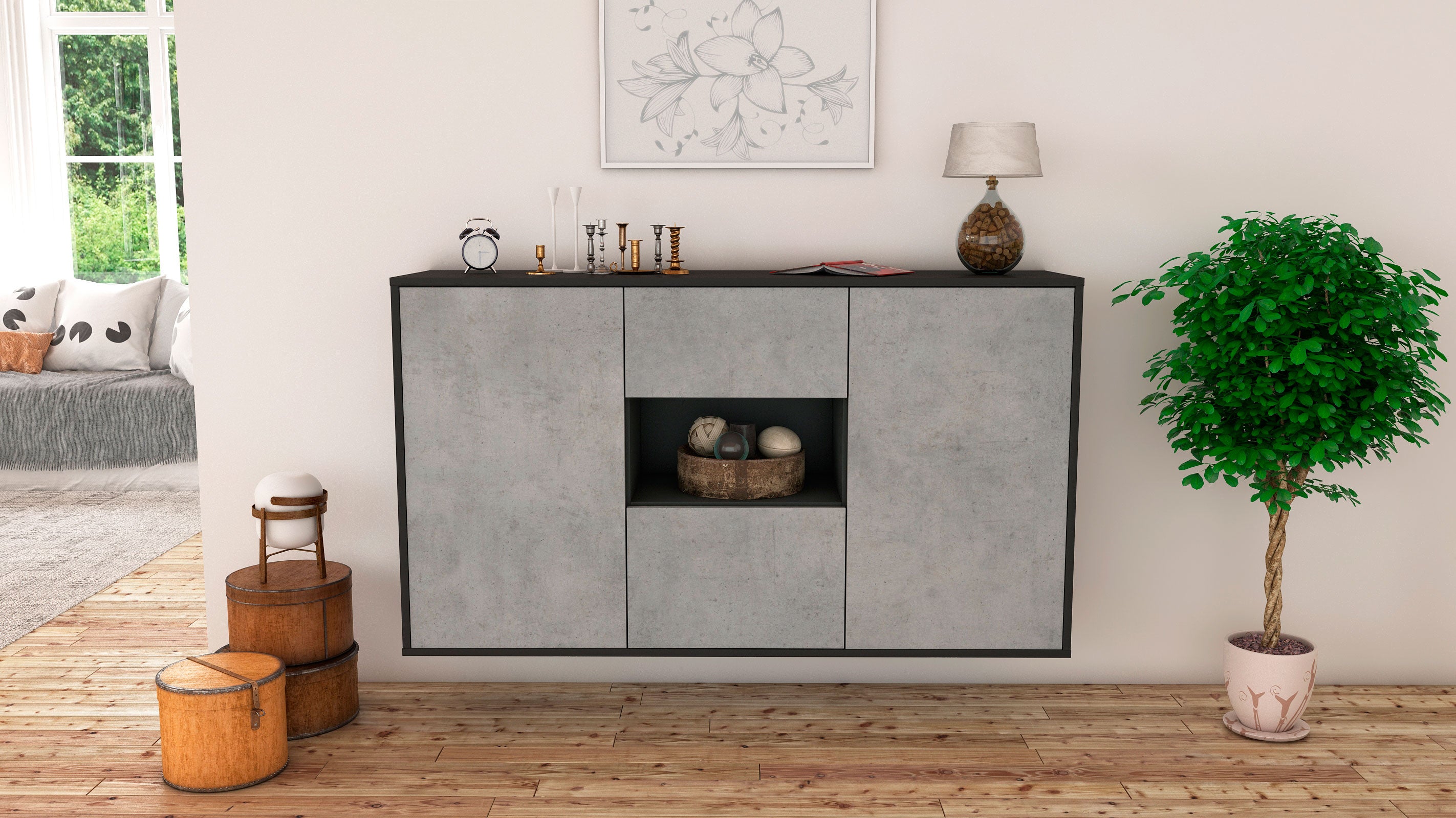 Sideboard - Doriana - Design Industrie Stil - Wandmontage mit Push to Open 136 cm Anthrazit