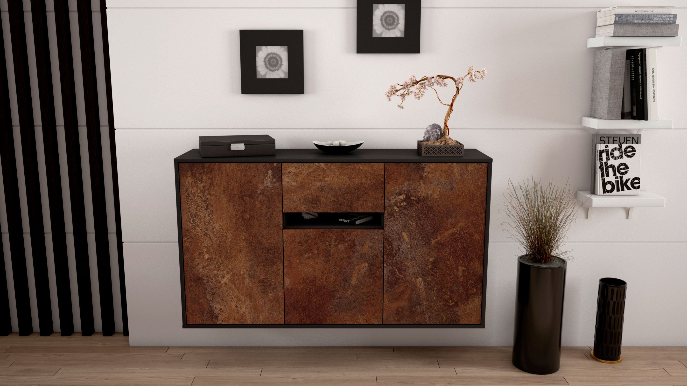 Sideboard - Dorina - Design Industrie Stil - Wandmontage mit Push to Open 136 cm Anthrazit