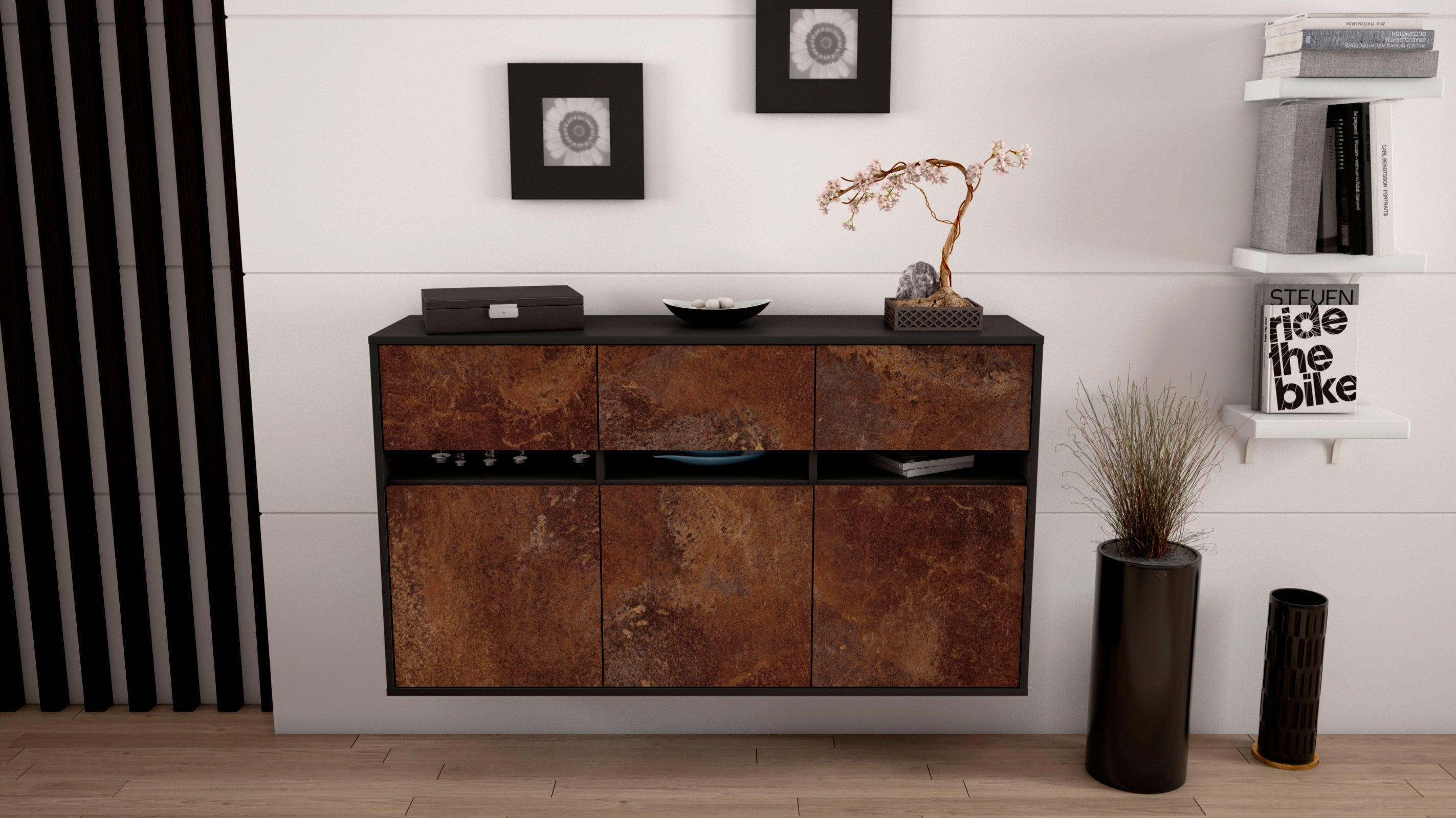 Sideboard - Dorinde - Design Industrie Stil - Wandmontage mit Push to Open 136 cm Anthrazit