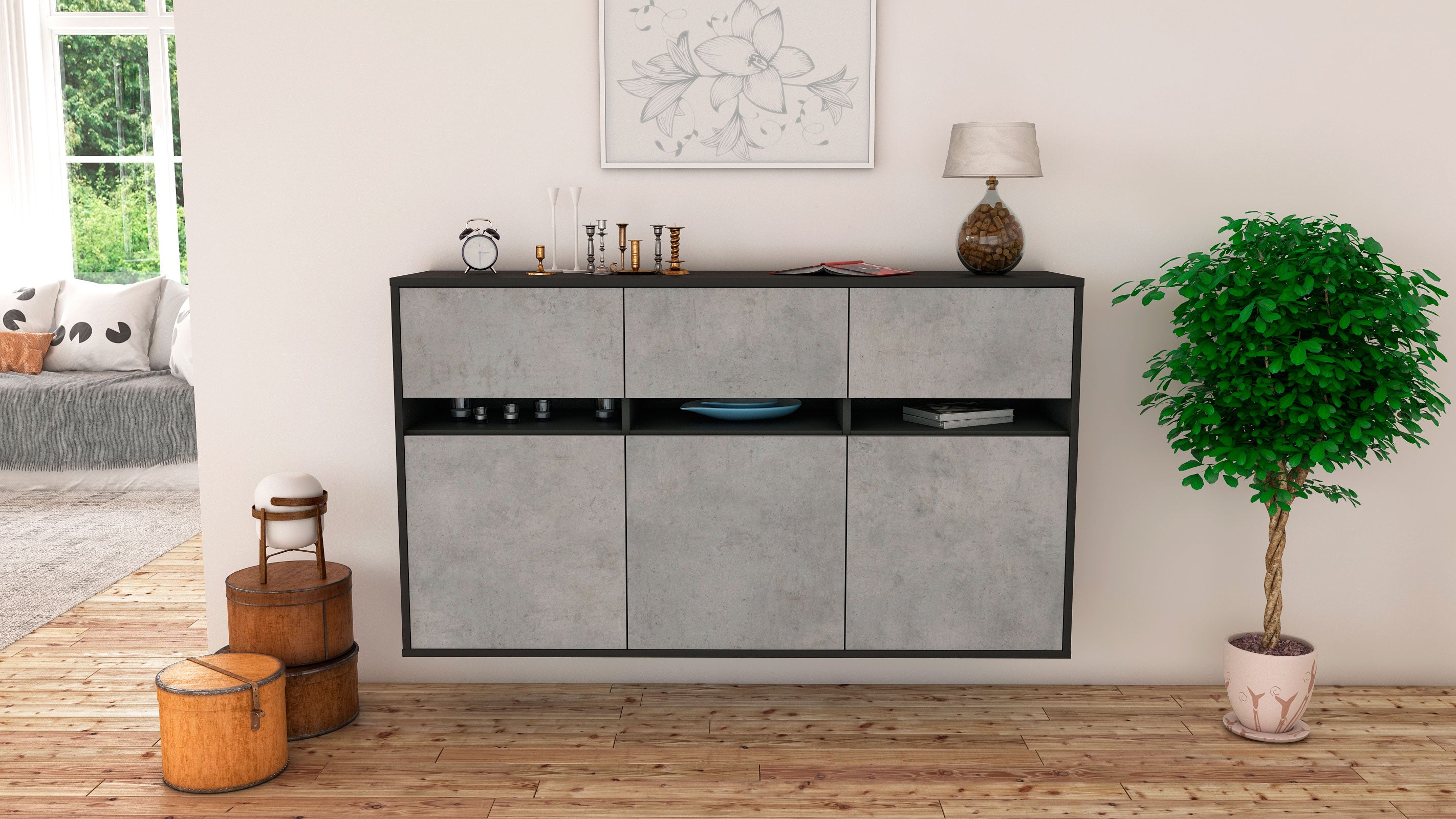 Sideboard - Dorinde - Design Industrie Stil - Wandmontage mit Push to Open 136 cm Anthrazit