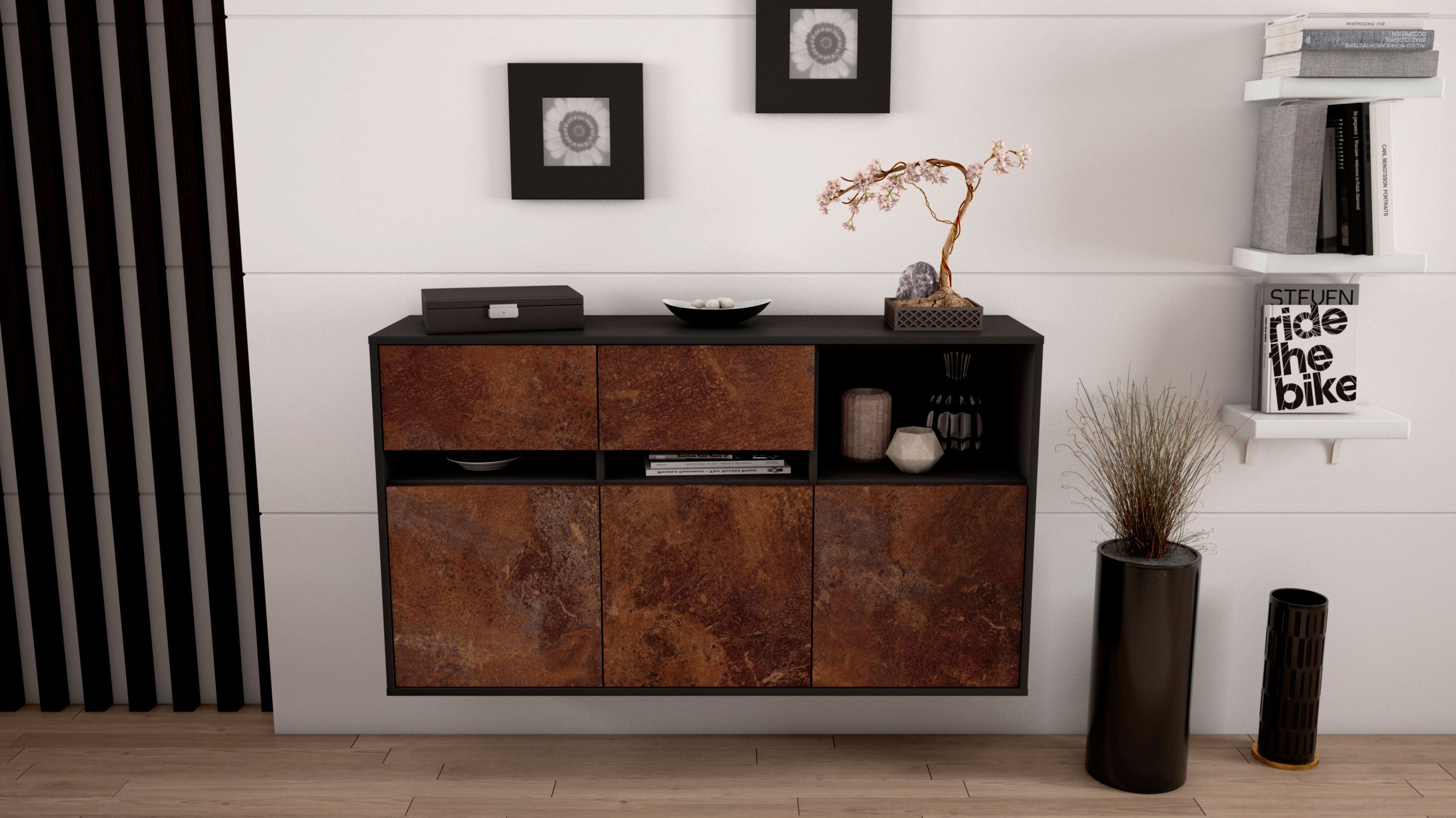 Sideboard - Dorotea - Design Industrie Stil - Wandmontage mit Push to Open 136 cm Anthrazit