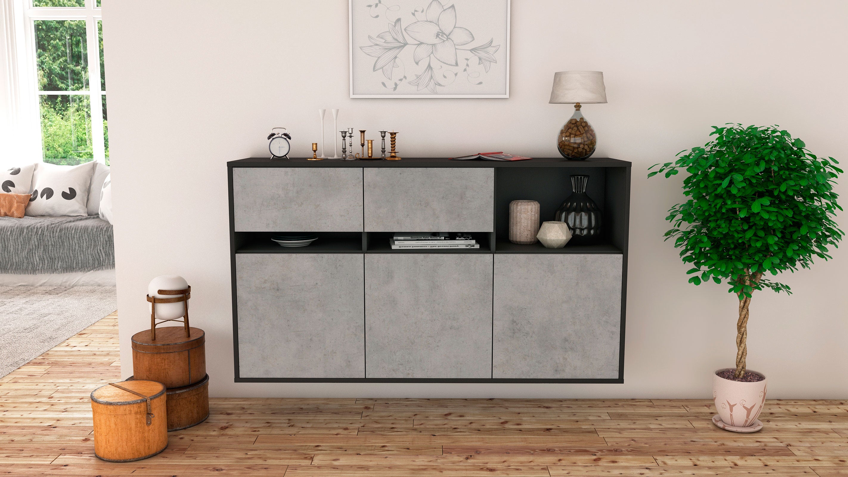 Sideboard - Dorotea - Design Industrie Stil - Wandmontage mit Push to Open 136 cm Anthrazit