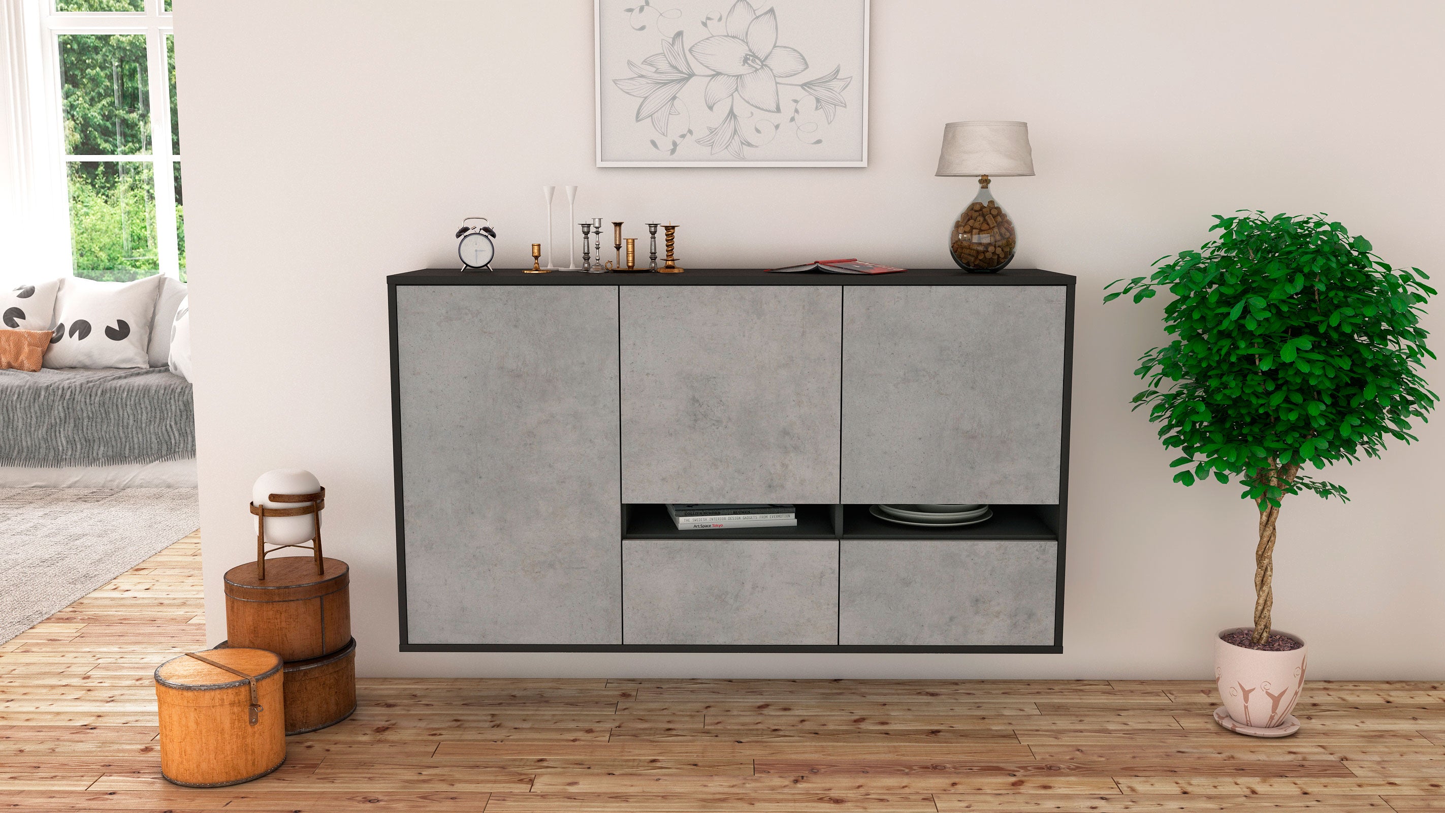 Sideboard - Ebe - Design Industrie Stil - Wandmontage mit Push to Open 136 cm Anthrazit