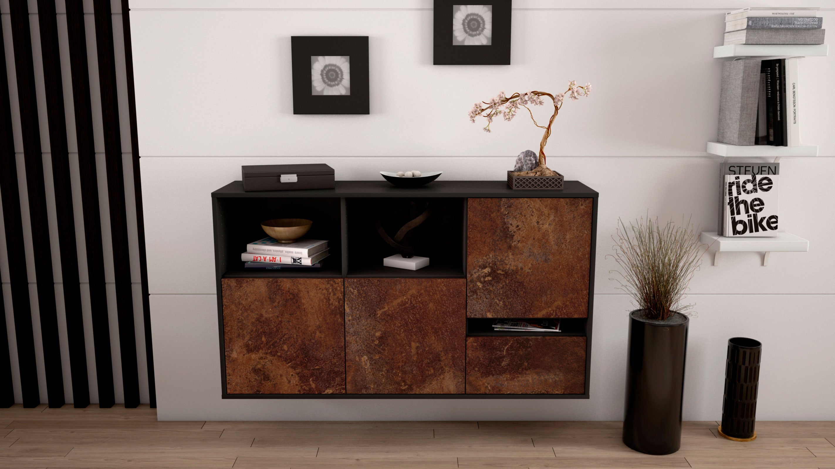 Sideboard - EDA - Design Industrie Stil - Wandmontage mit Push to Open 136 cm Anthrazit