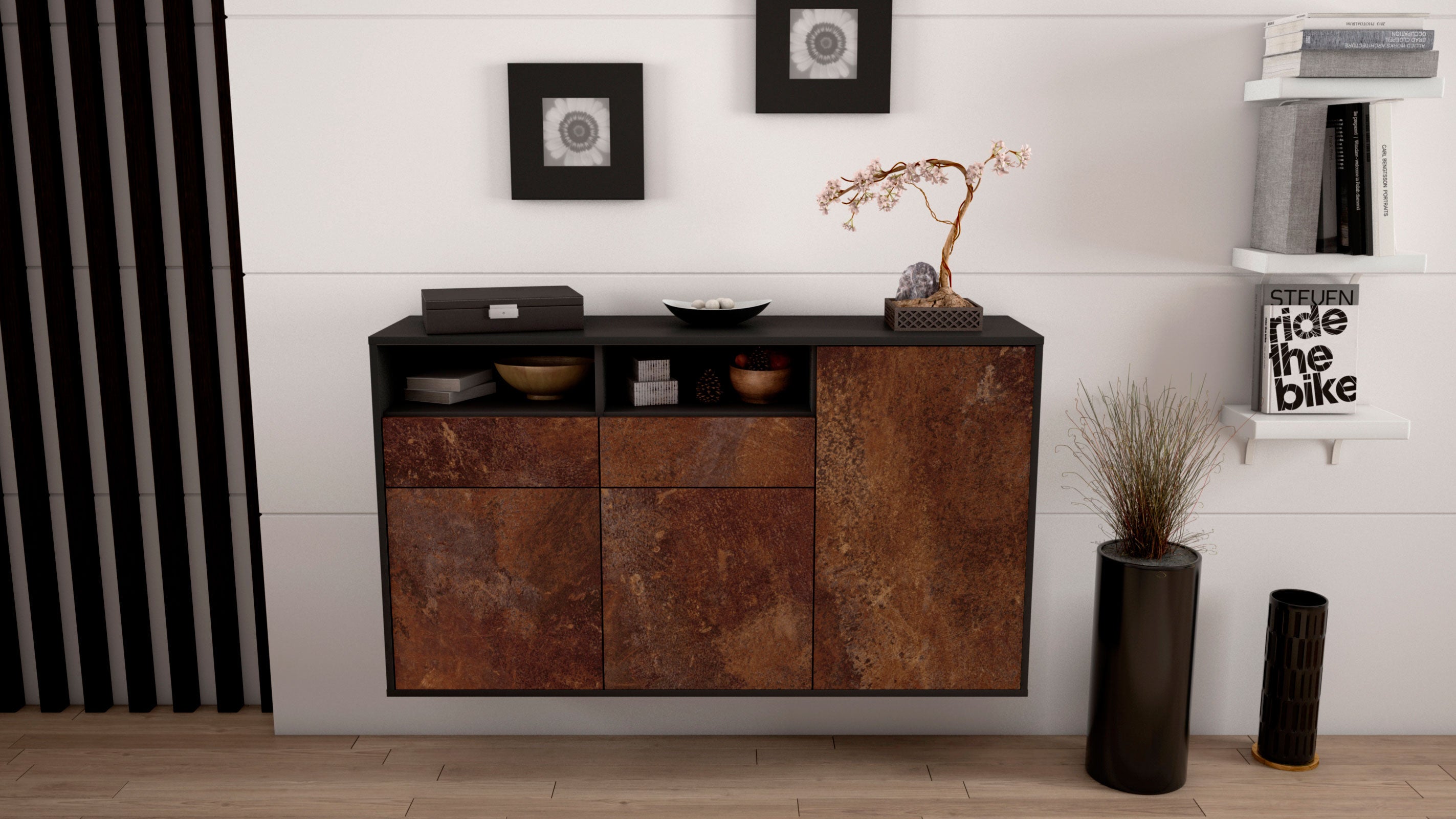 Sideboard - Editta - Design Industrie Stil - Wandmontage mit Push to Open 136 cm Anthrazit