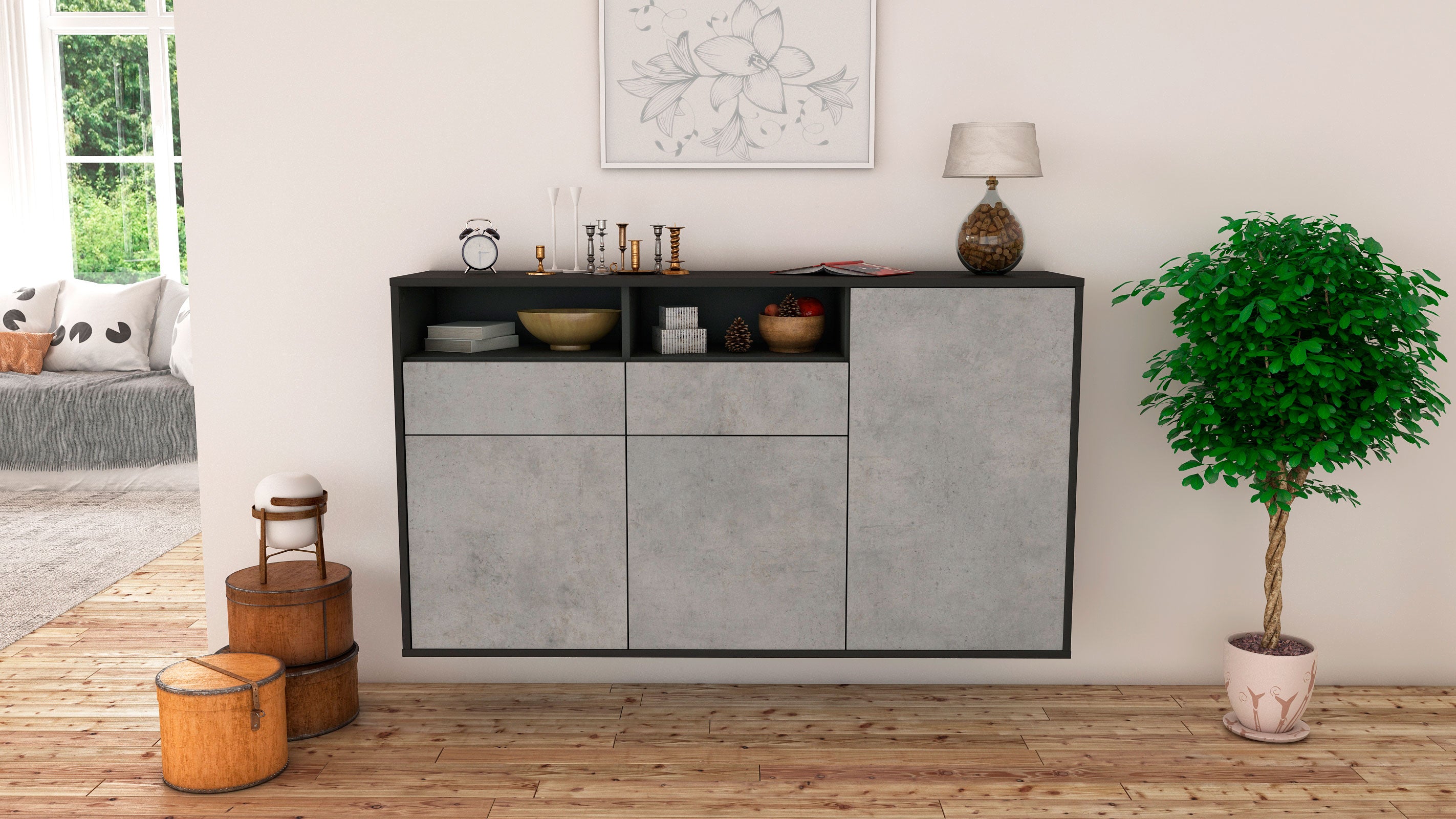 Sideboard - Editta - Design Industrie Stil - Wandmontage mit Push to Open 136 cm Anthrazit