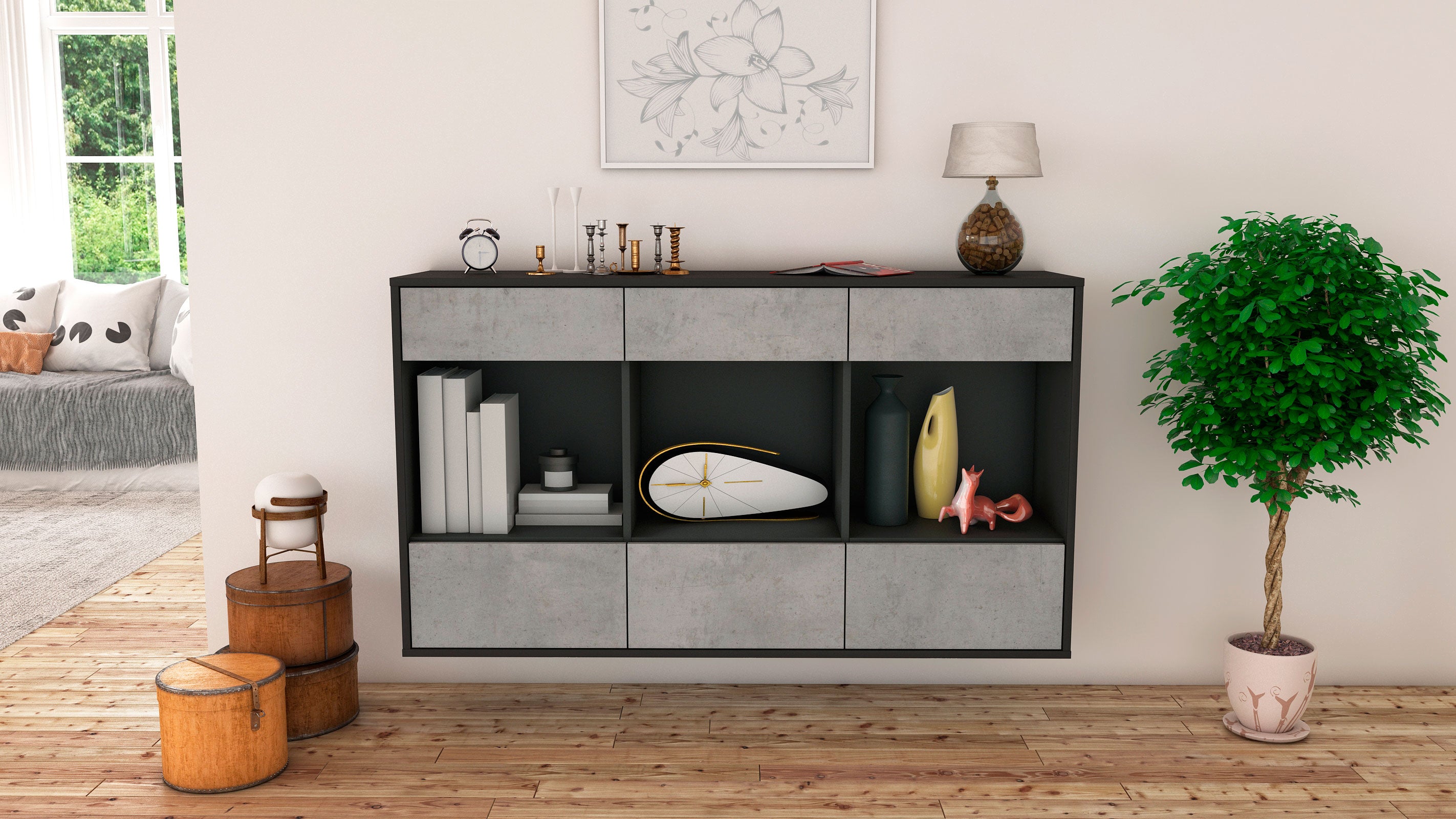 Sideboard - Efisia - Design Industrie Stil - Wandmontage mit Push to Open 136 cm Anthrazit