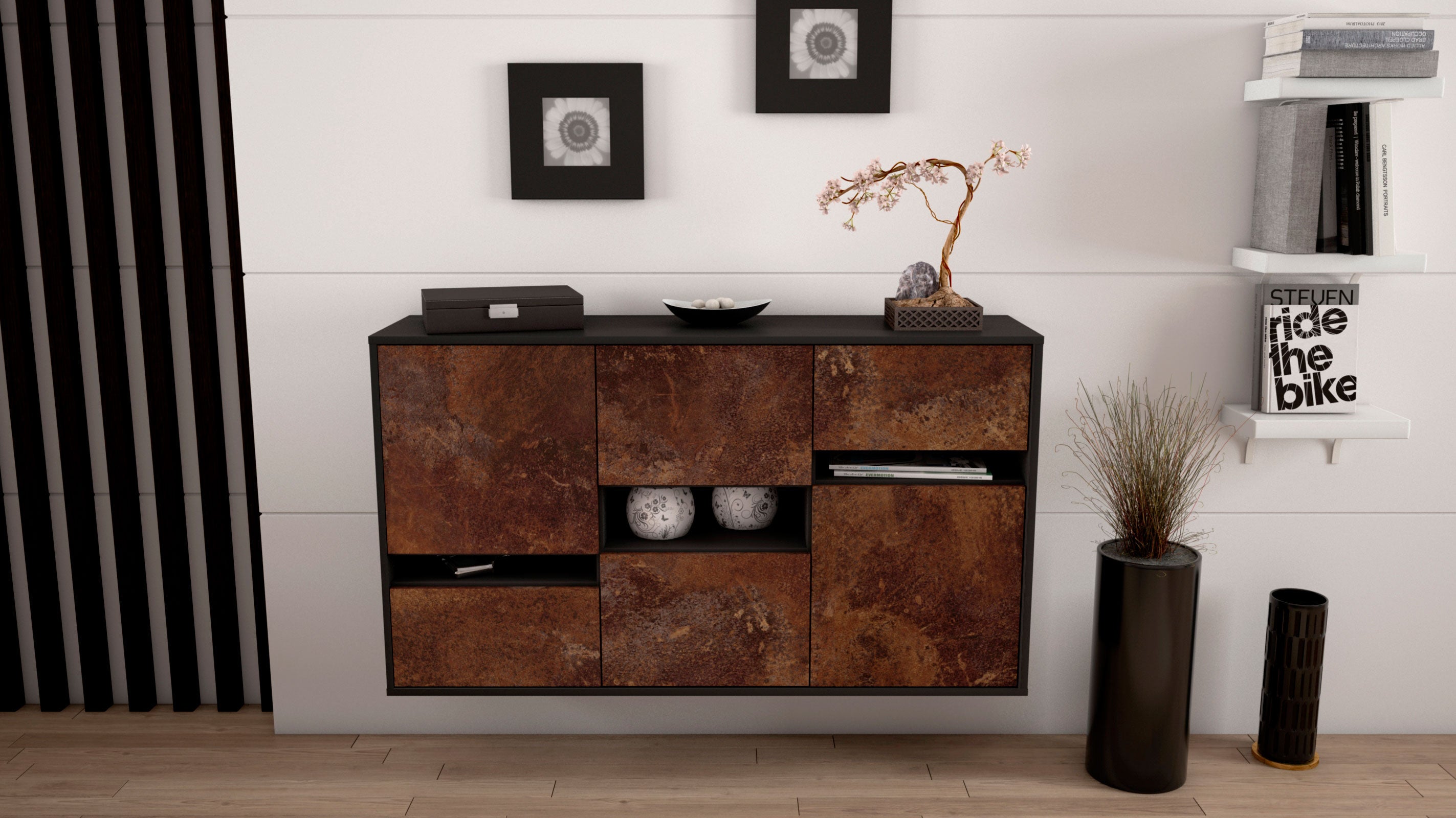 Sideboard - Egizia - Design Industrie Stil - Wandmontage mit Push to Open 136 cm Anthrazit