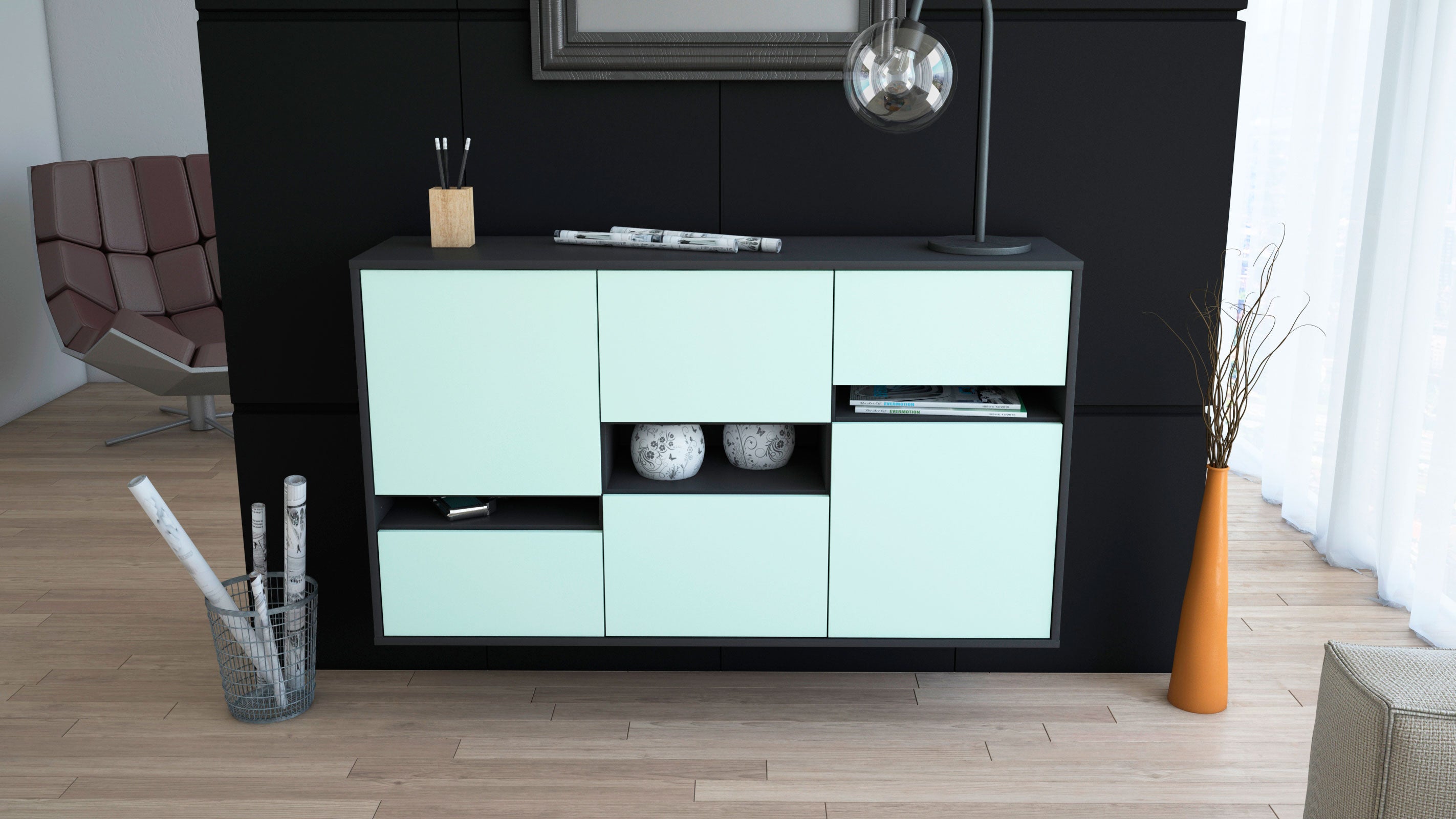 Sideboard - Egizia - Design Farbakzent - Wandmontage mit Push to Open 136 cm Anthrazit