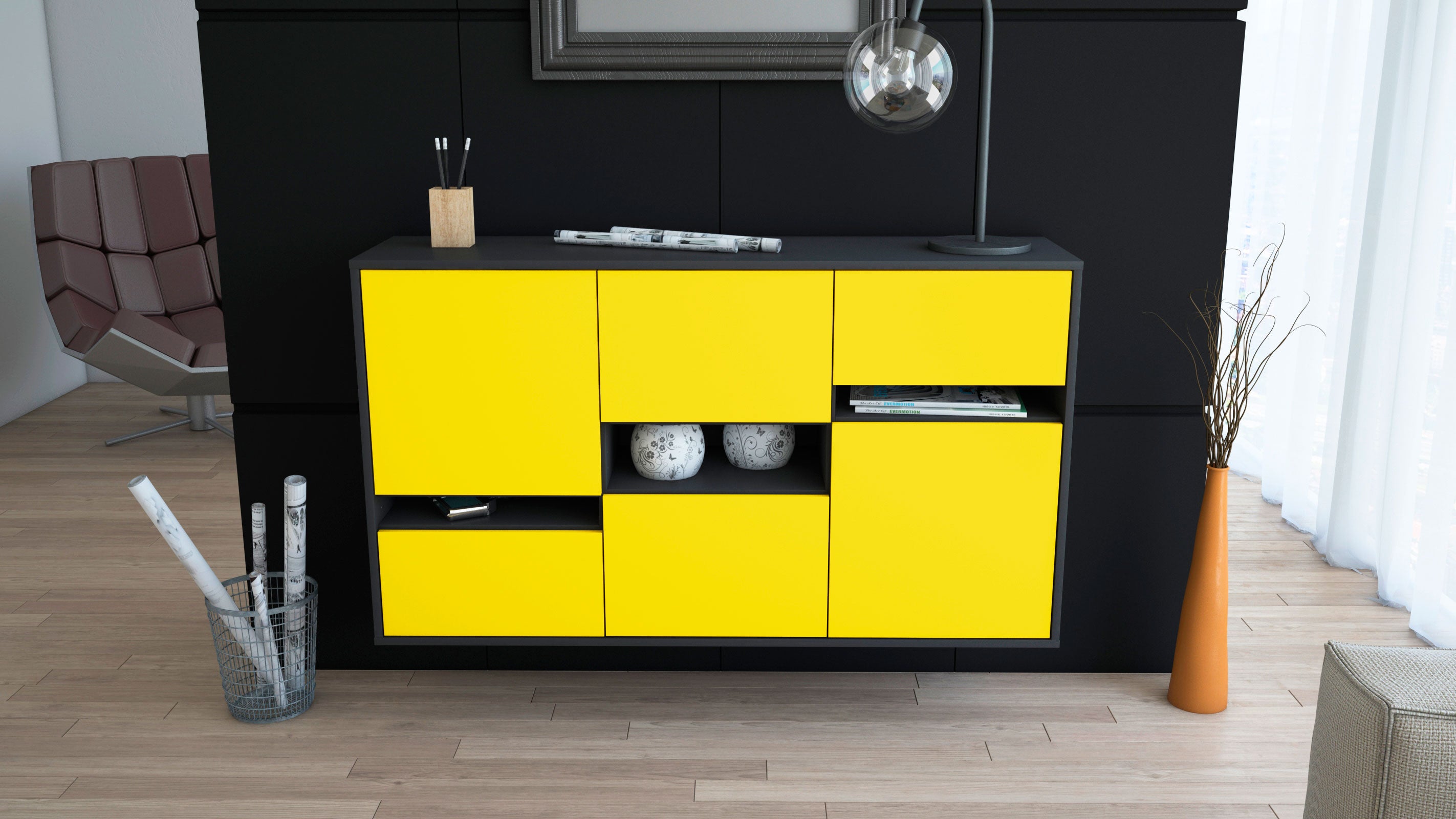Sideboard - Egizia - Design Farbakzent - Wandmontage mit Push to Open 136 cm Anthrazit