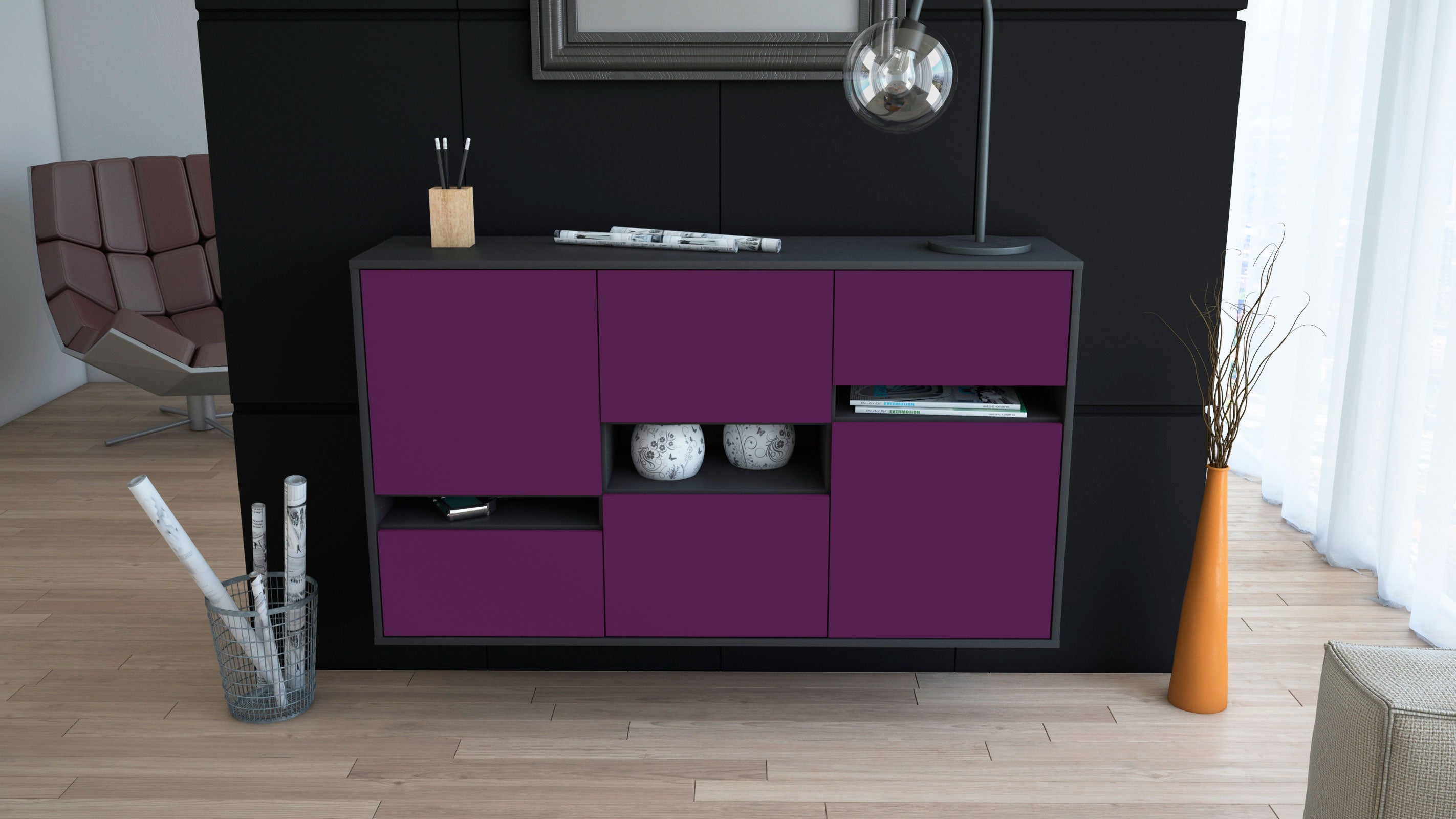 Sideboard - Egizia - Design Farbakzent - Wandmontage mit Push to Open 136 cm Anthrazit